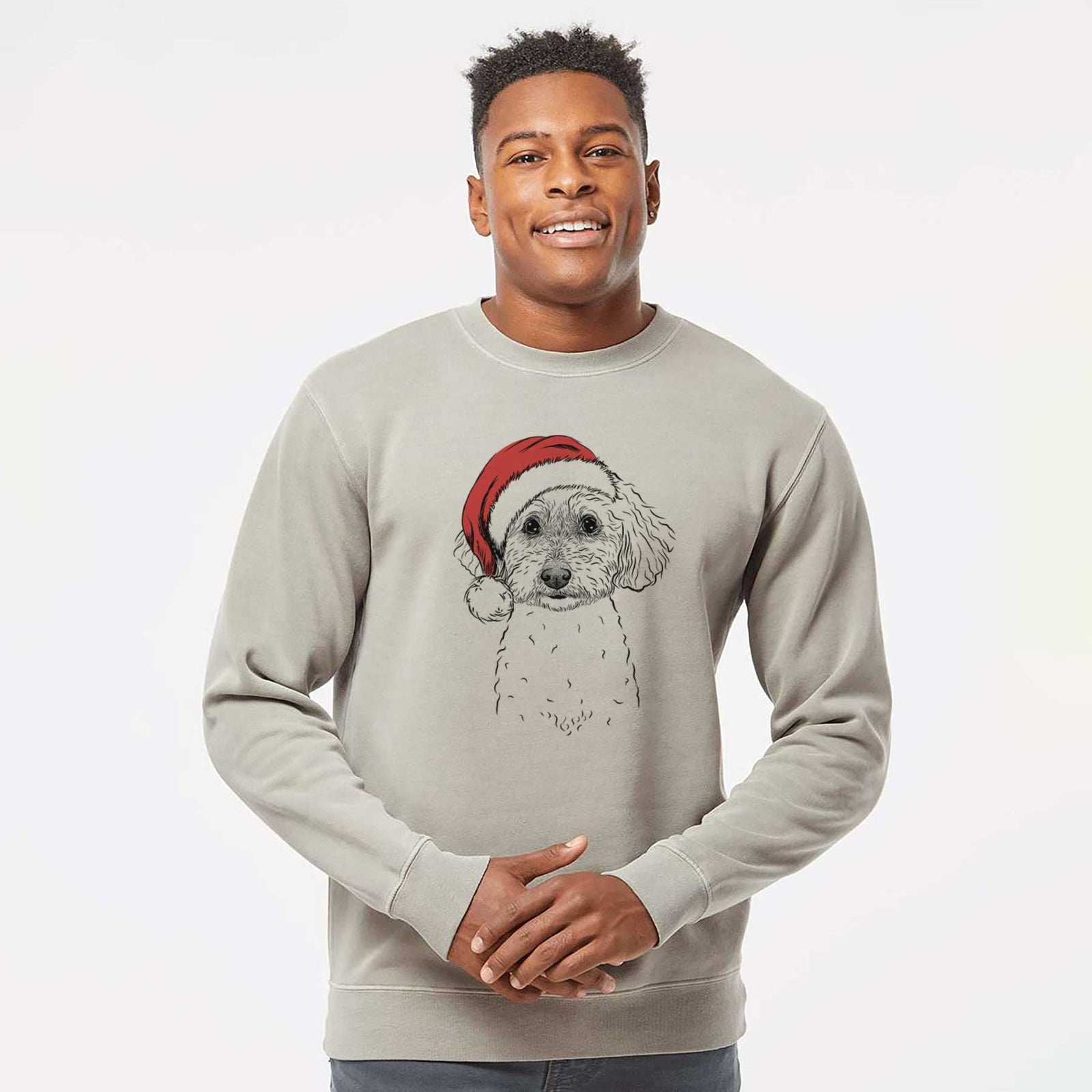 Hand-drawn sketch of Stitch the Bichonpoo wearing a Santa hat on a Cement Unisex pigment dyed crew sweatshirt