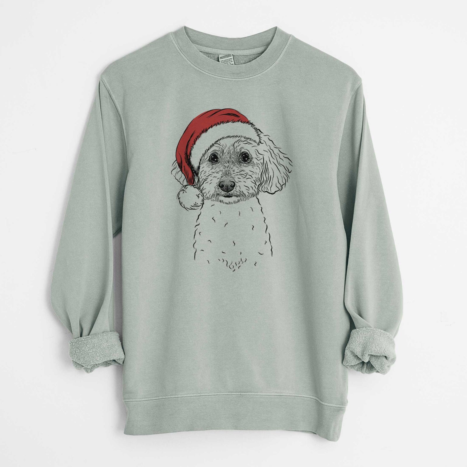Hand-drawn sketch of Stitch the Bichonpoo wearing a Santa hat on a Sage Unisex pigment dyed crew sweatshirt