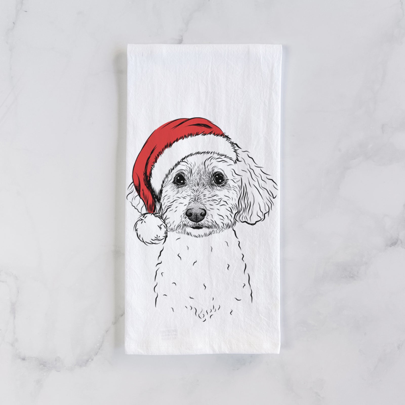 Hand-drawn sketch of Stitch the Bichonpoo wearing a Santa hat on a tea towel
