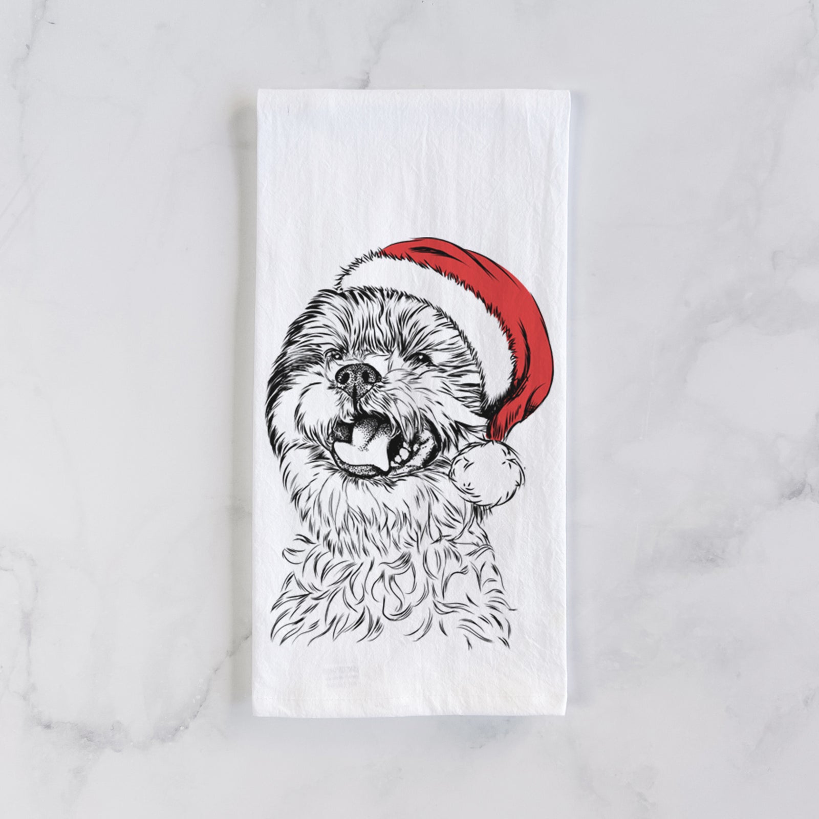 Hand-drawn sketch of Sugar the Malshi wearing a Santa hat on a tea towel