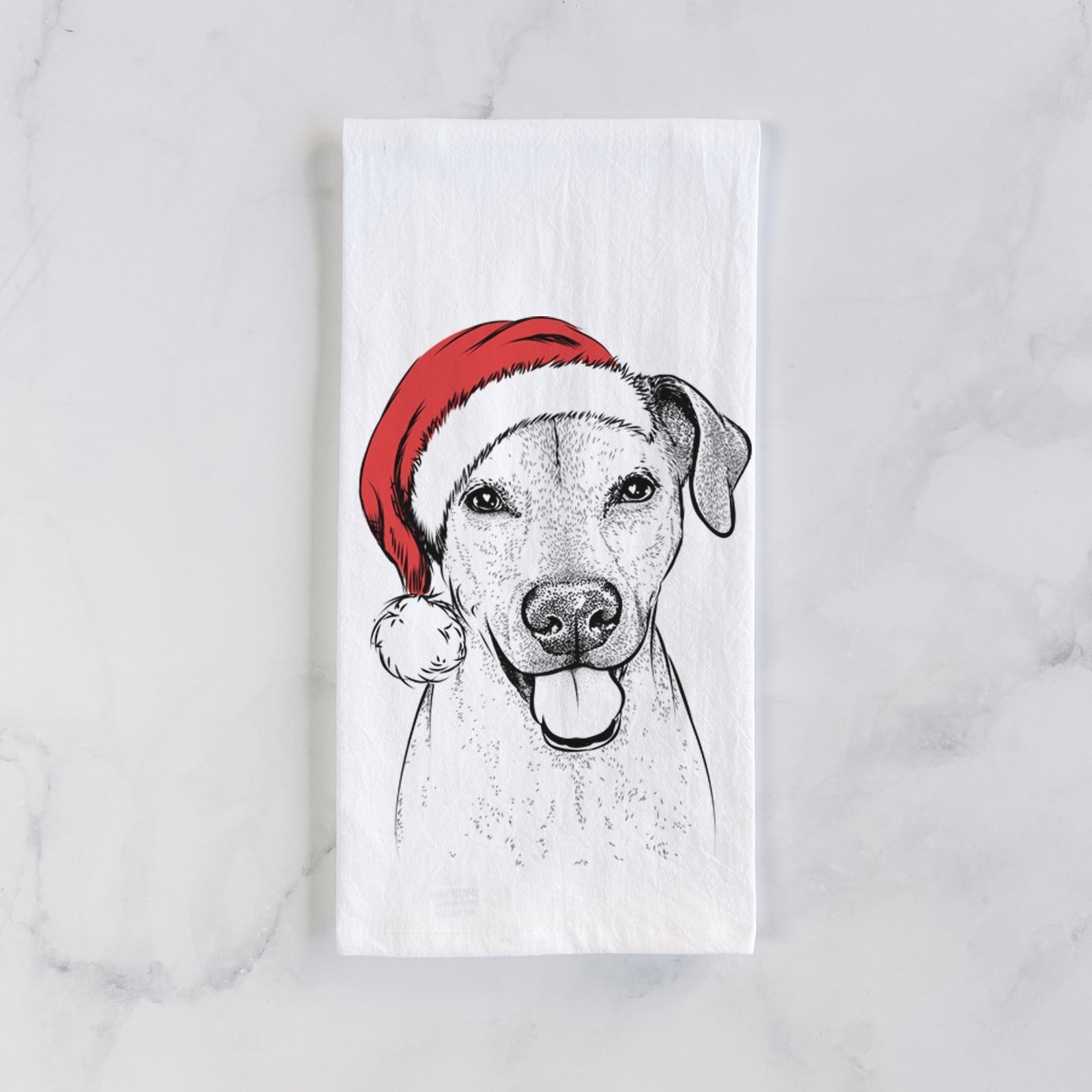 Hand-drawn sketch of Sugar the American Staffordshire Mix wearing a Santa hat on a tea towel