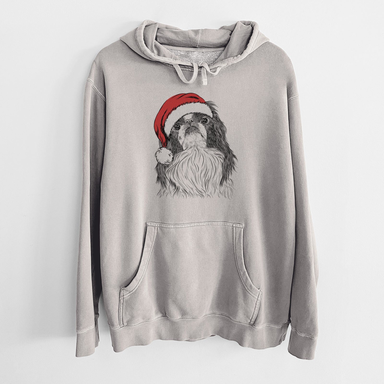 Hand-drawn sketch of Suki the Japanese Chin wearing a Santa hat on a Cement Unisex pigment dyed hoodie
