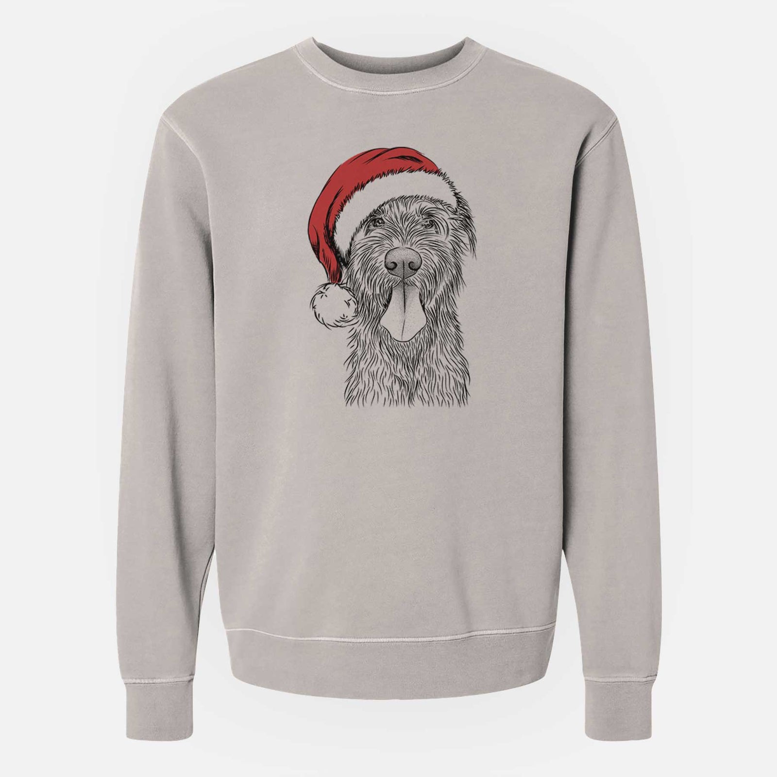 Hand-drawn sketch of Sullivan the Irish Wolfhound wearing a Santa hat on a Cement Unisex pigment dyed crew sweatshirt
