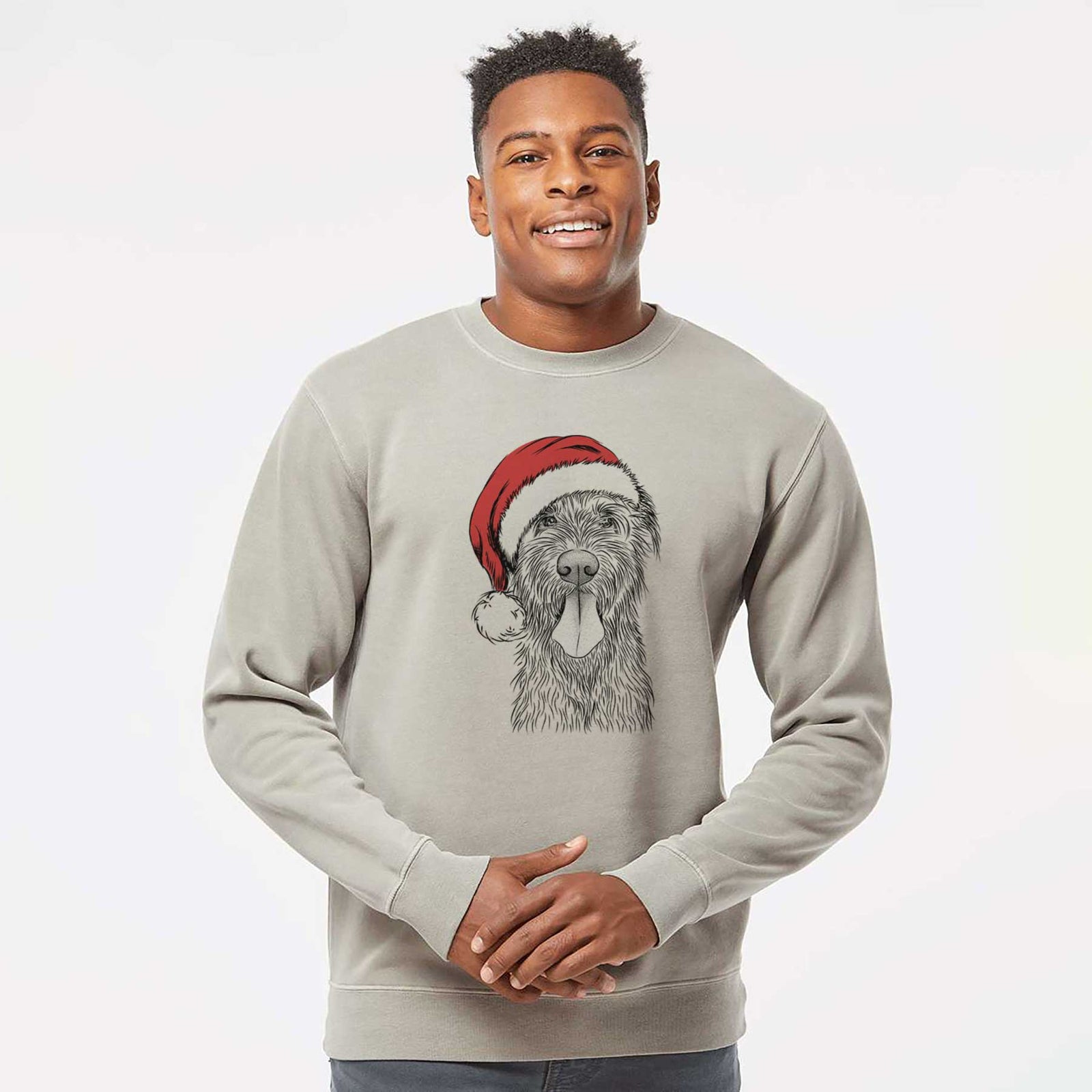 Hand-drawn sketch of Sullivan the Irish Wolfhound wearing a Santa hat on a Cement Unisex pigment dyed crew sweatshirt