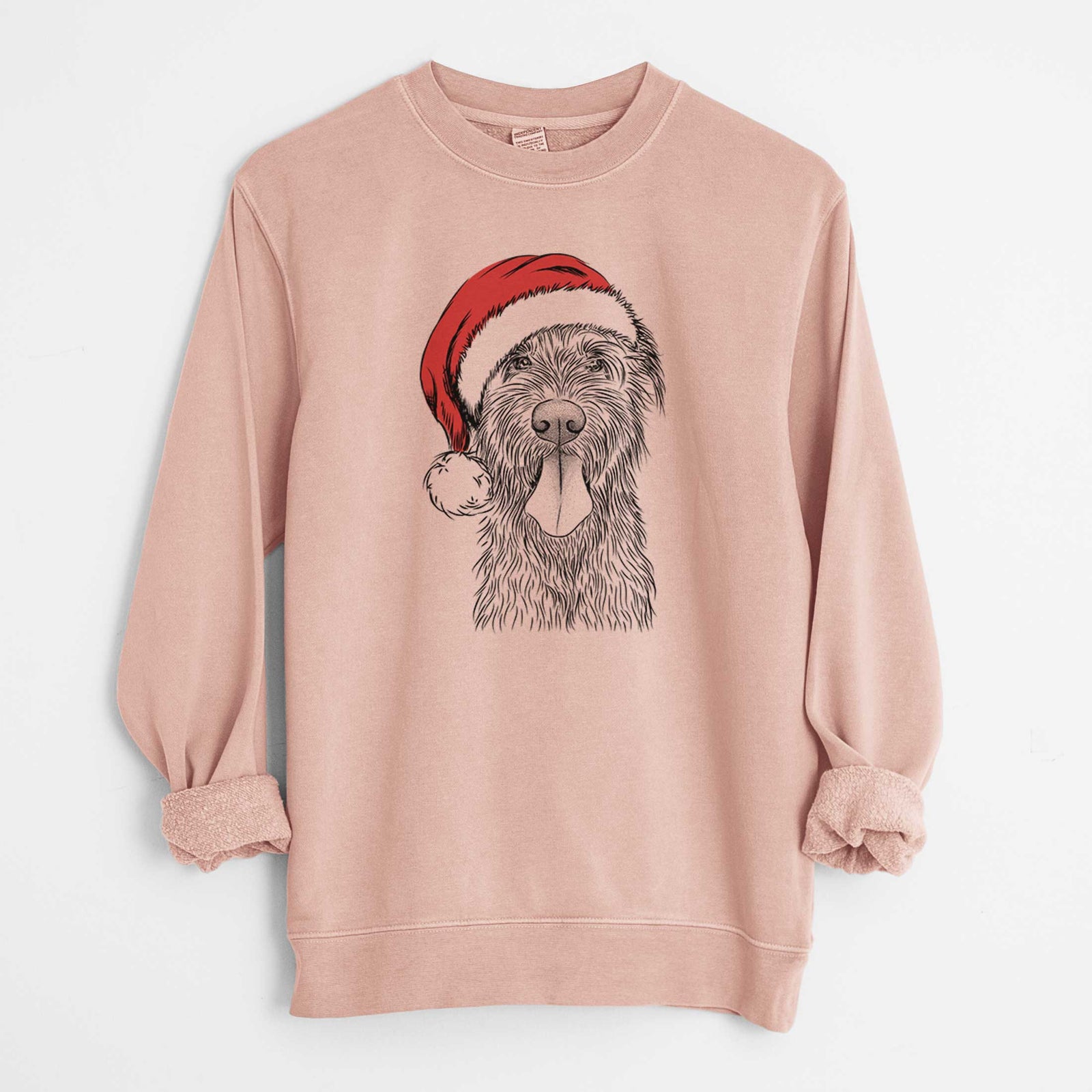 Hand-drawn sketch of Sullivan the Irish Wolfhound wearing a Santa hat on a Dusty Pink Unisex pigment dyed crew sweatshirt