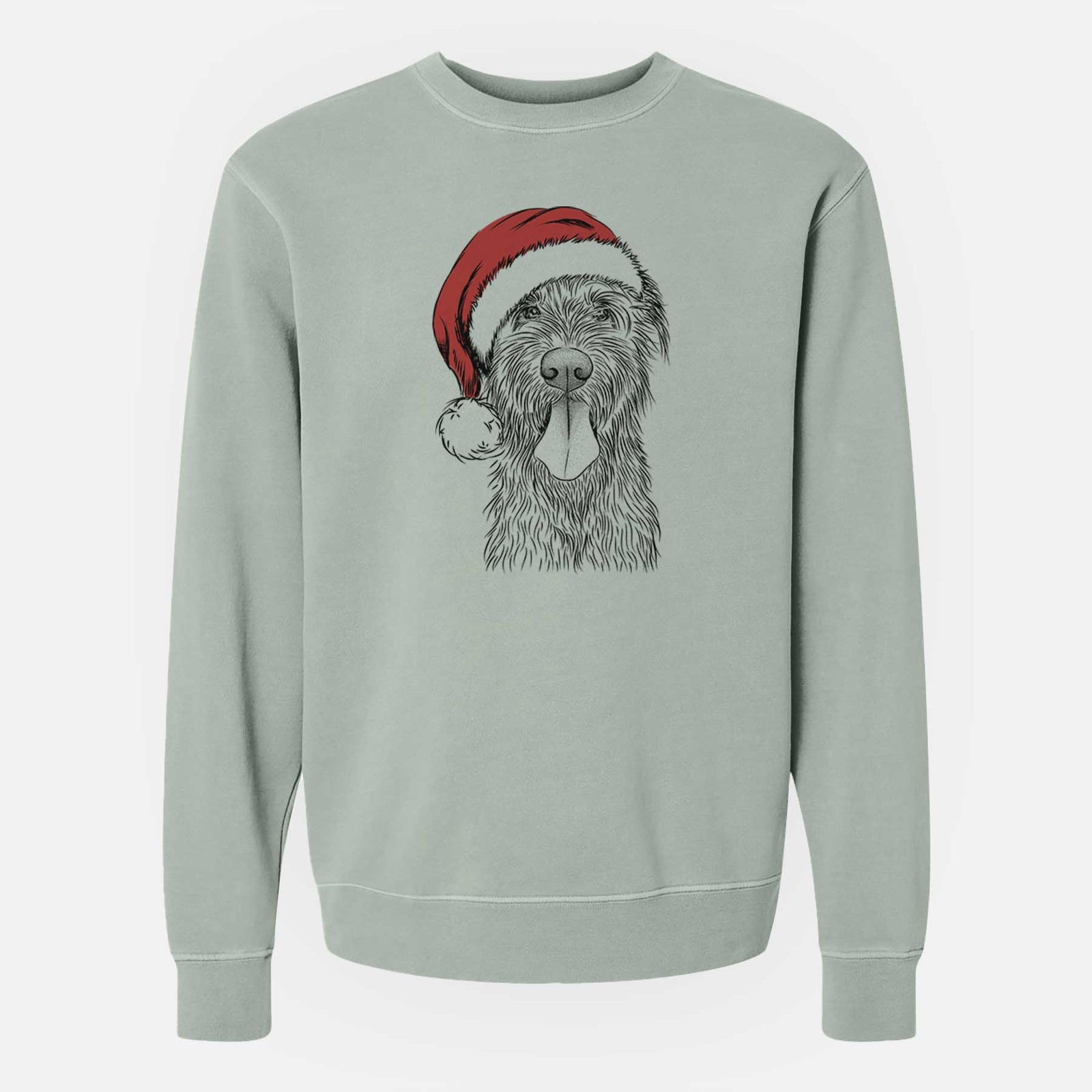 Hand-drawn sketch of Sullivan the Irish Wolfhound wearing a Santa hat on a Sage Unisex pigment dyed crew sweatshirt