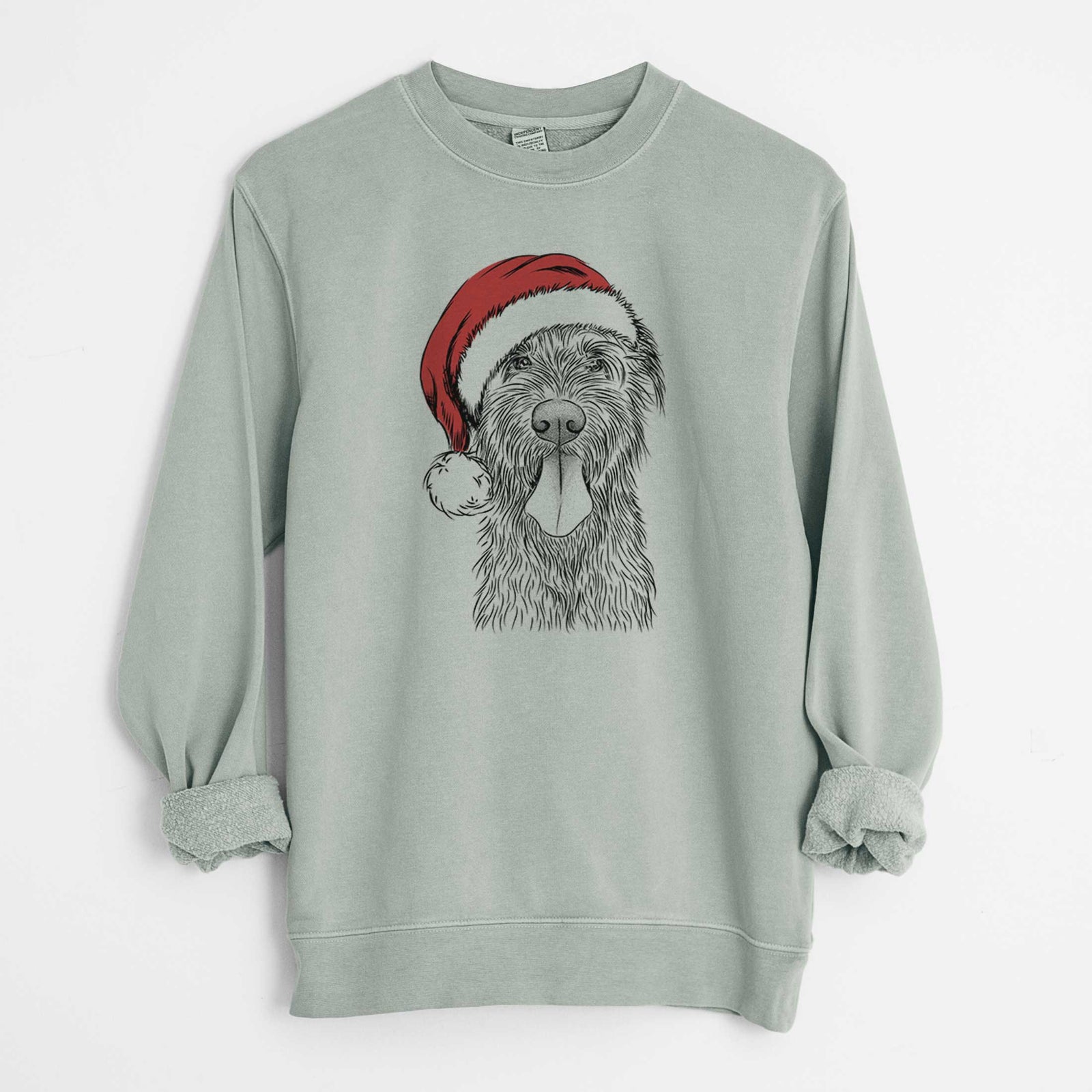 Hand-drawn sketch of Sullivan the Irish Wolfhound wearing a Santa hat on a Sage Unisex pigment dyed crew sweatshirt