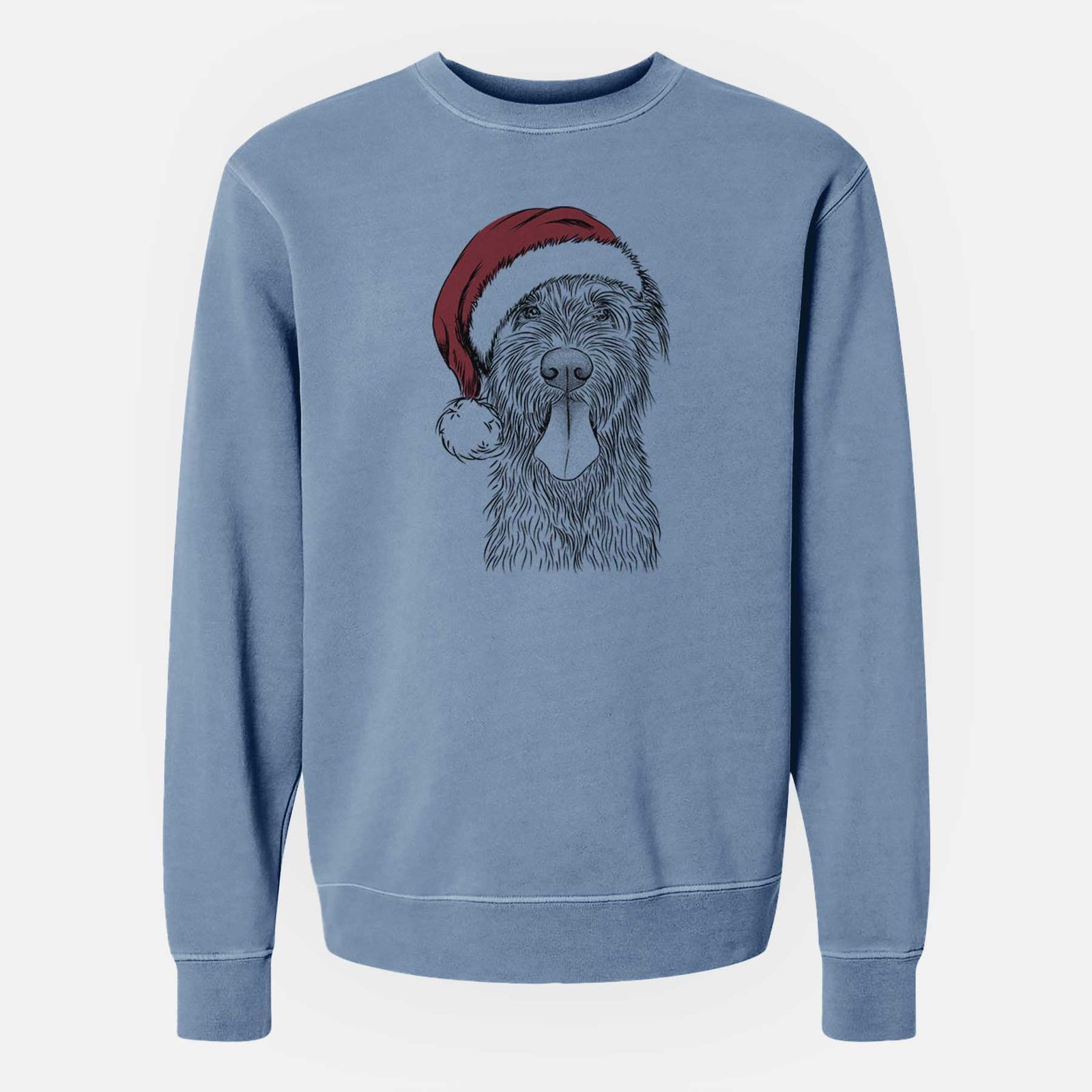 Hand-drawn sketch of Sullivan the Irish Wolfhound wearing a Santa hat on a Slate Blue Unisex pigment dyed crew sweatshirt