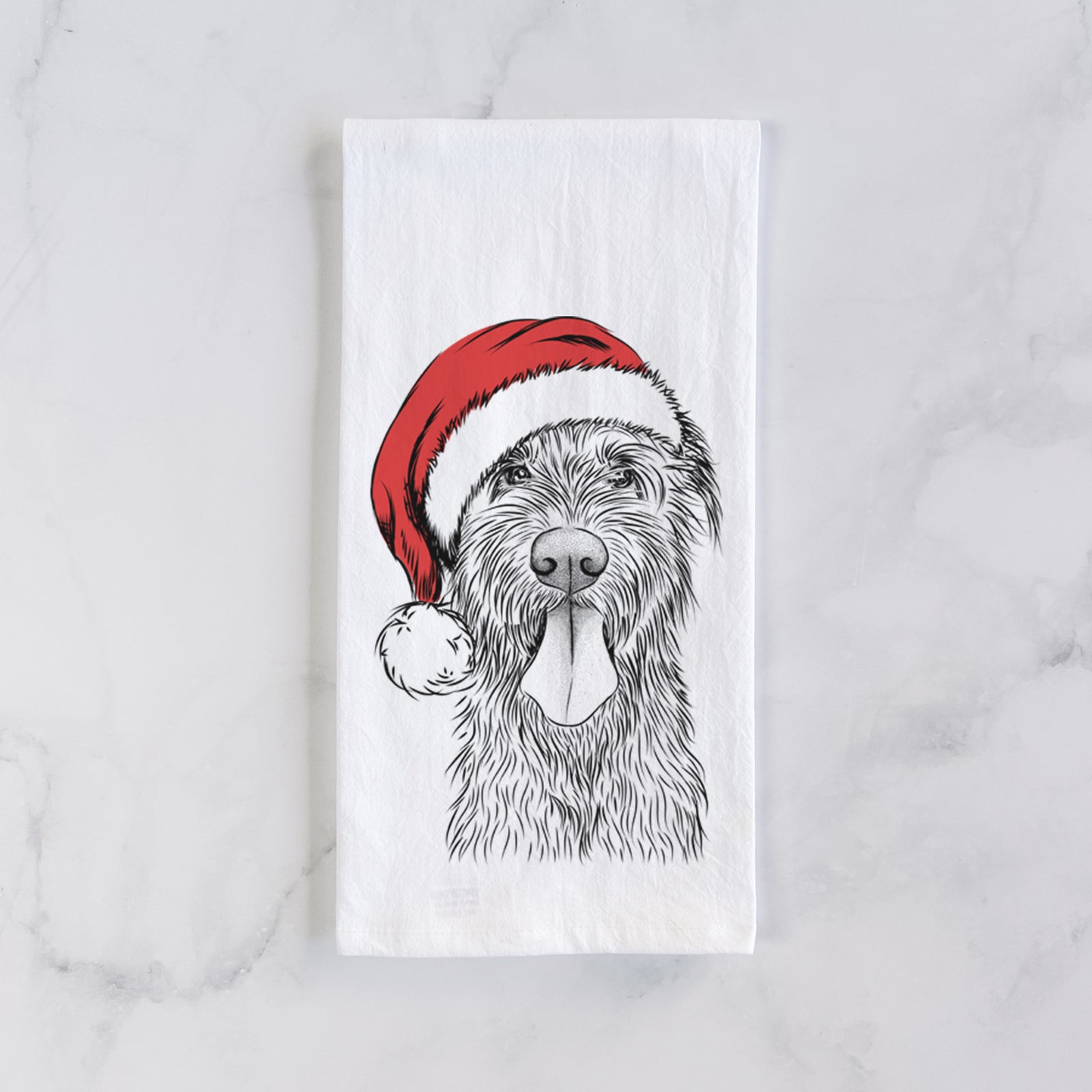 Hand-drawn sketch of Sullivan the Irish Wolfhound wearing a Santa hat on a tea towel