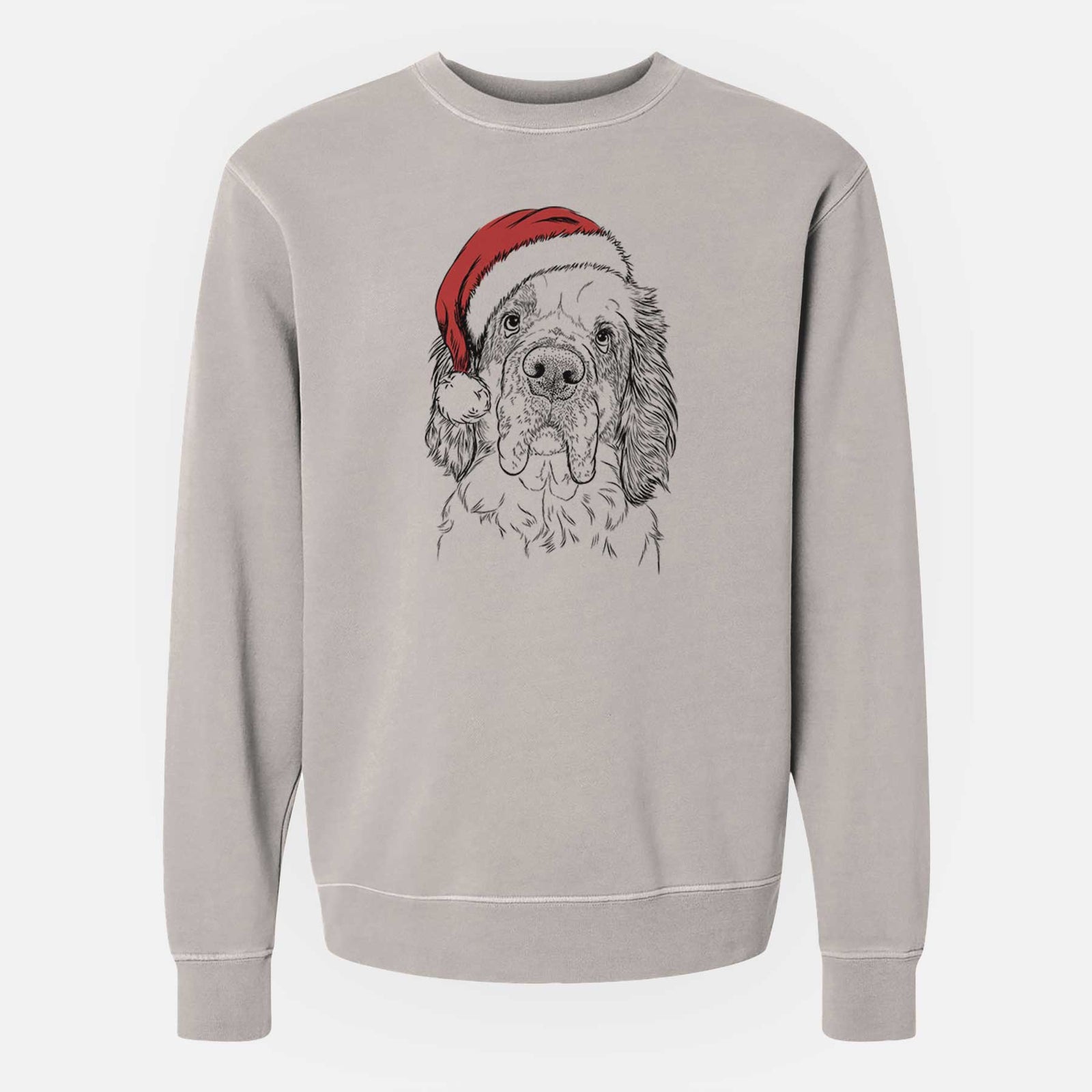 Hand-drawn sketch of Sully the Clumber Spaniel wearing a Santa hat on a Cement Unisex pigment dyed crew sweatshirt