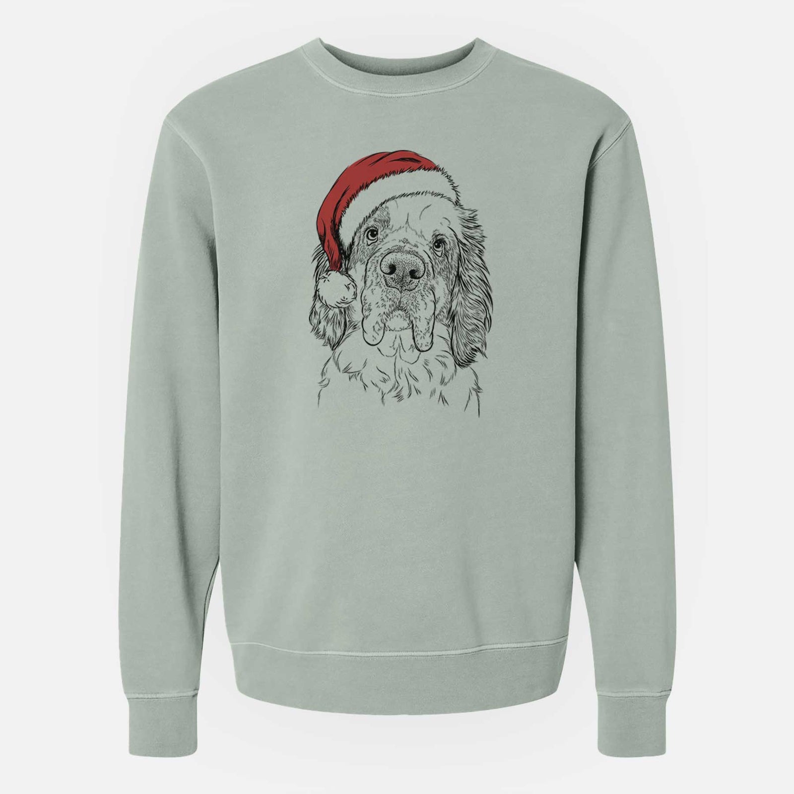 Hand-drawn sketch of Sully the Clumber Spaniel wearing a Santa hat on a Sage Unisex pigment dyed crew sweatshirt