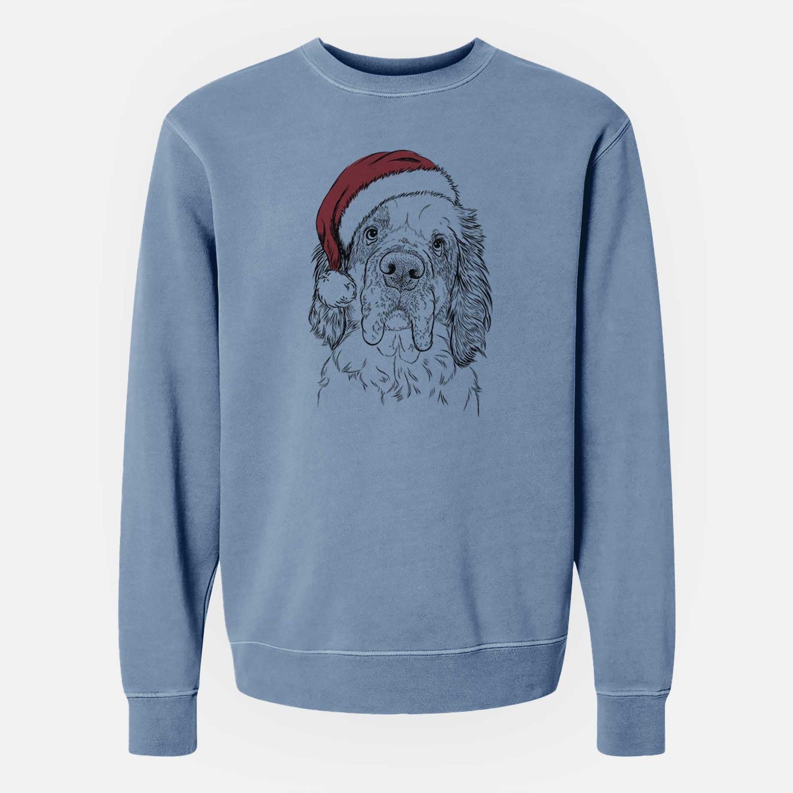 Hand-drawn sketch of Sully the Clumber Spaniel wearing a Santa hat on a Slate Blue Unisex pigment dyed crew sweatshirt