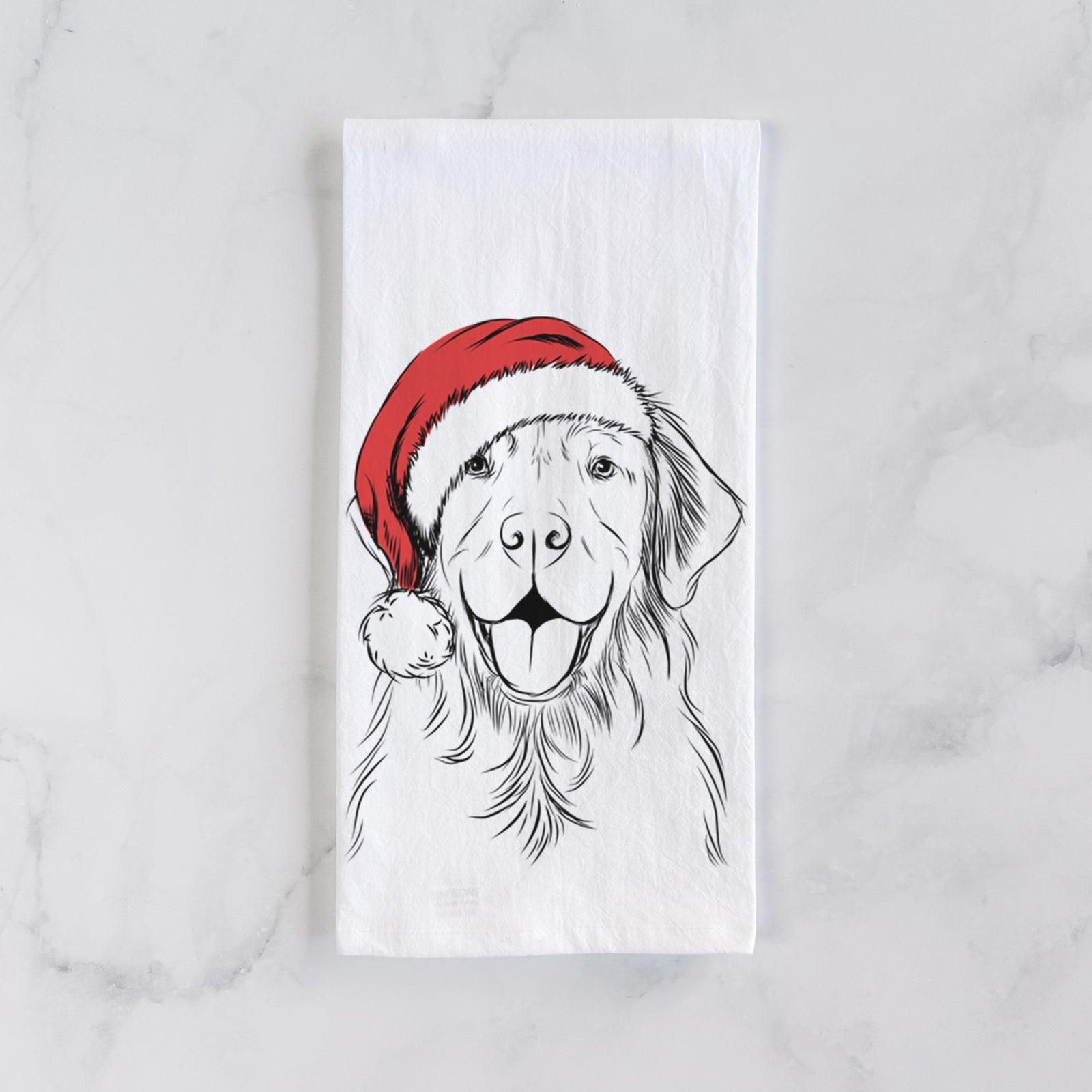 Hand-drawn sketch of Sunny the Golden Retriever wearing a Santa hat on a tea towel