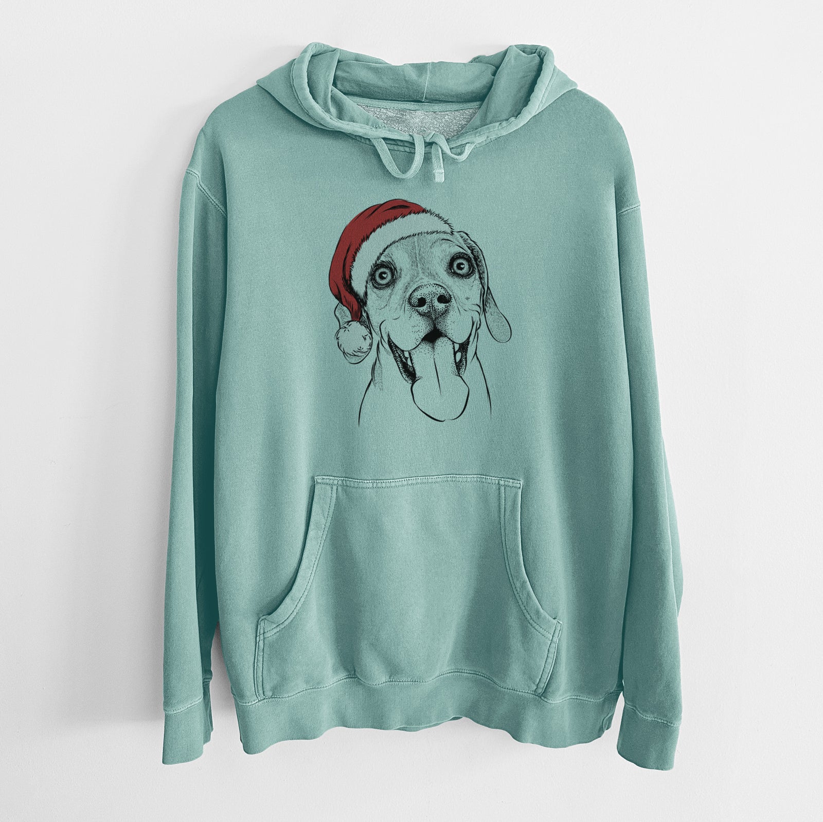 Hand-drawn sketch of Sunny the Beagle wearing a Santa hat on a Mint Unisex pigment dyed hoodie