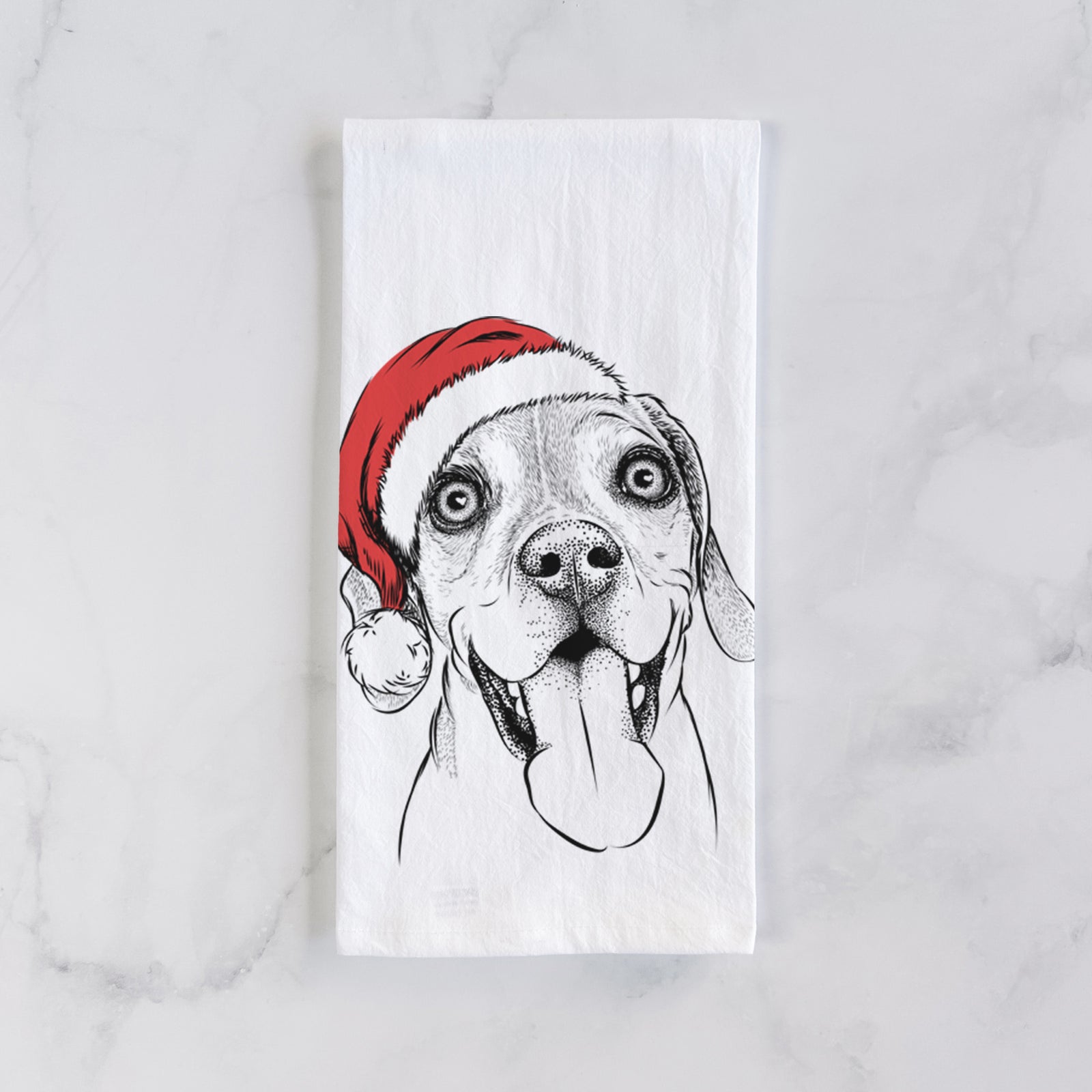 Hand-drawn sketch of Sunny the Beagle wearing a Santa hat on a tea towel