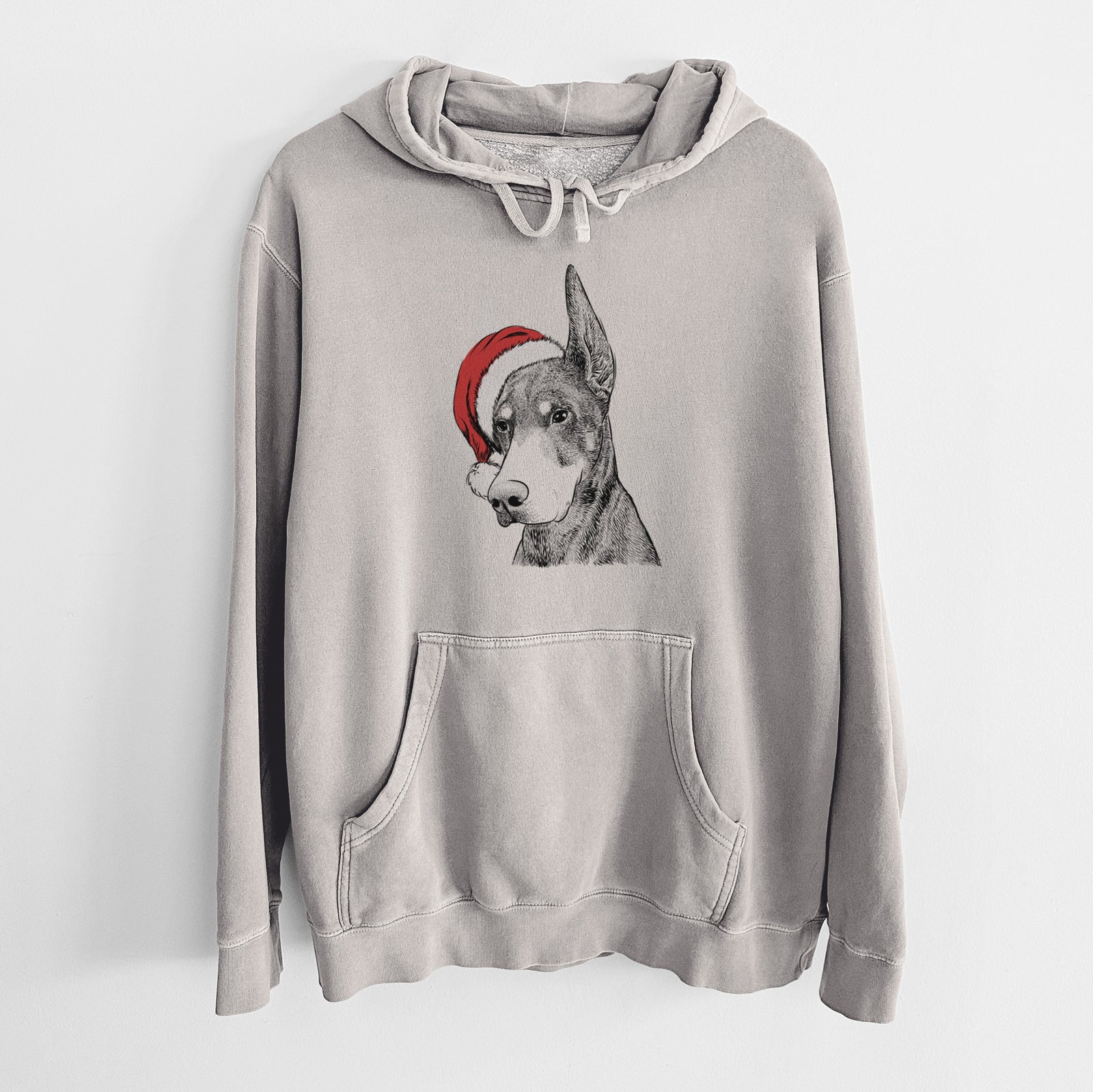 Hand-drawn sketch of Sunny the Doberman Pinscher wearing a Santa hat on a Cement Unisex pigment dyed hoodie