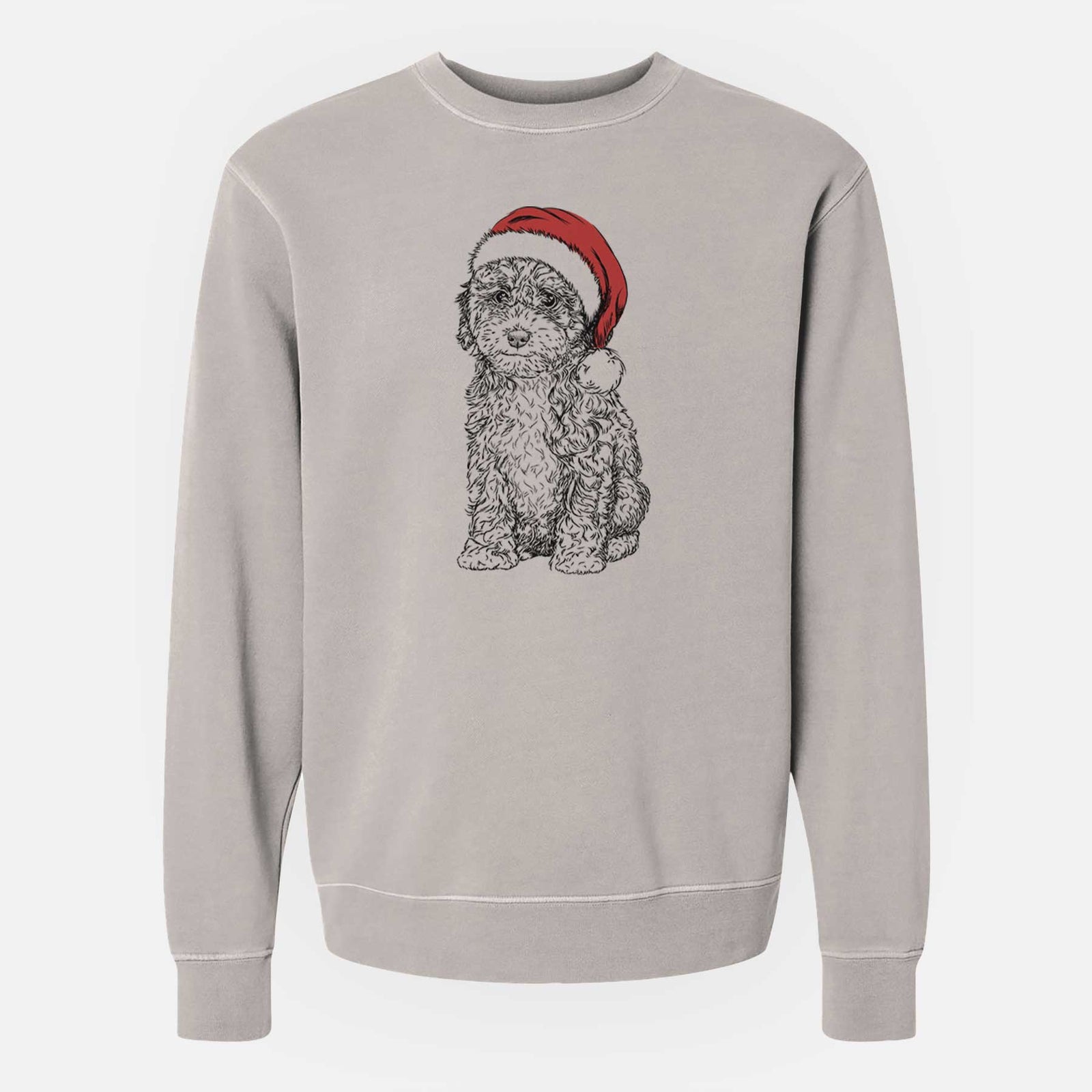Hand-drawn sketch of Sweet Tea the Mini Doodle wearing a Santa hat on a Cement Unisex pigment dyed crew sweatshirt