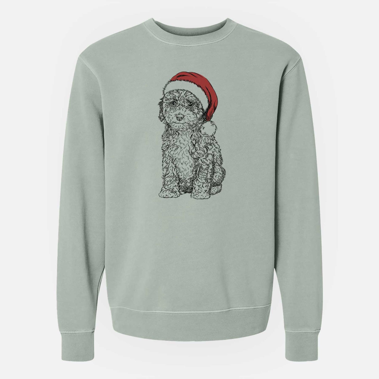 Hand-drawn sketch of Sweet Tea the Mini Doodle wearing a Santa hat on a Sage Unisex pigment dyed crew sweatshirt