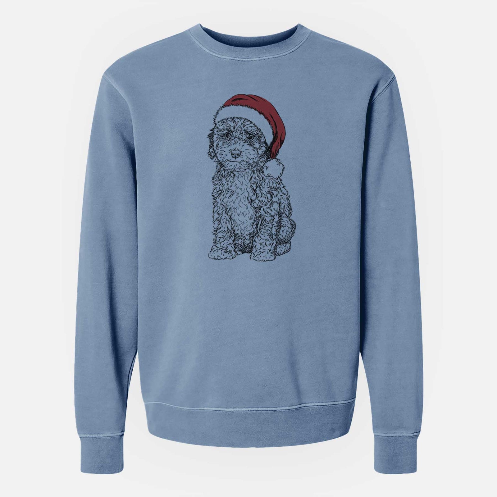 Hand-drawn sketch of Sweet Tea the Mini Doodle wearing a Santa hat on a Slate Blue Unisex pigment dyed crew sweatshirt
