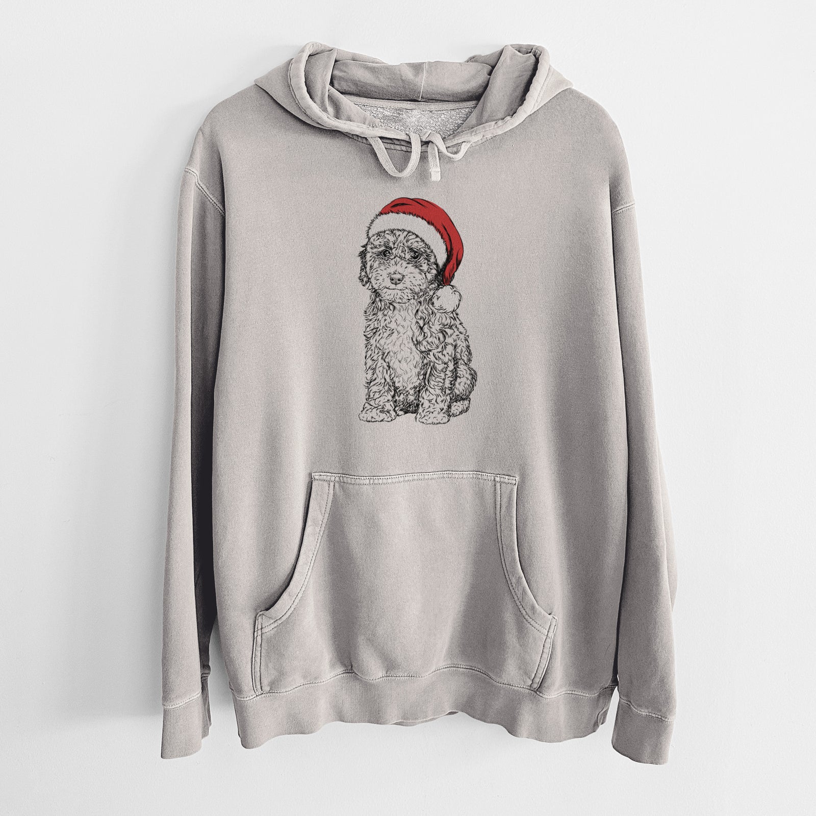 Hand-drawn sketch of Sweet Tea the Mini Doodle wearing a Santa hat on a Cement Unisex pigment dyed hoodie