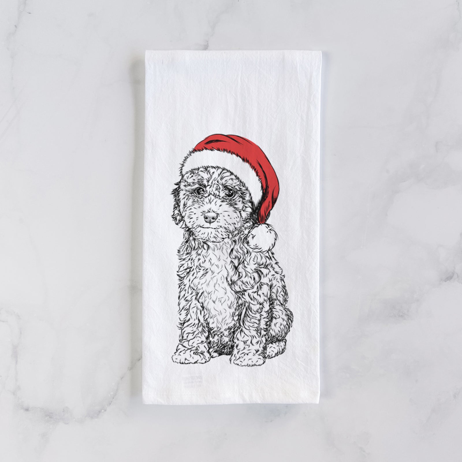 Hand-drawn sketch of Sweet Tea the Mini Doodle wearing a Santa hat on a tea towel