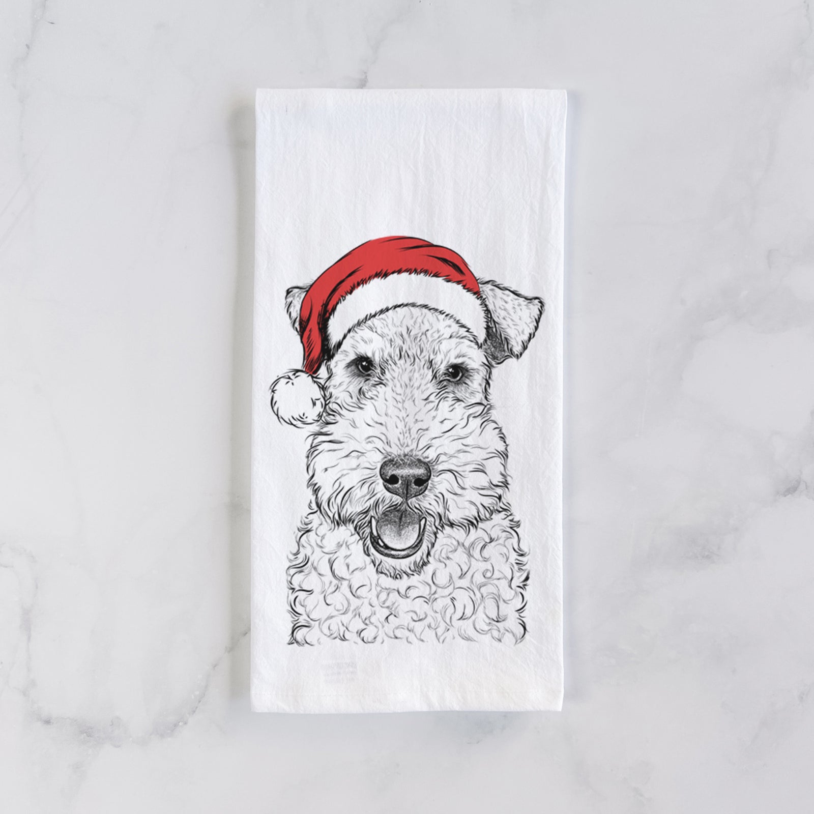 Hand-drawn sketch of Ted the Wire Fox Terrier wearing a Santa hat on a tea towel