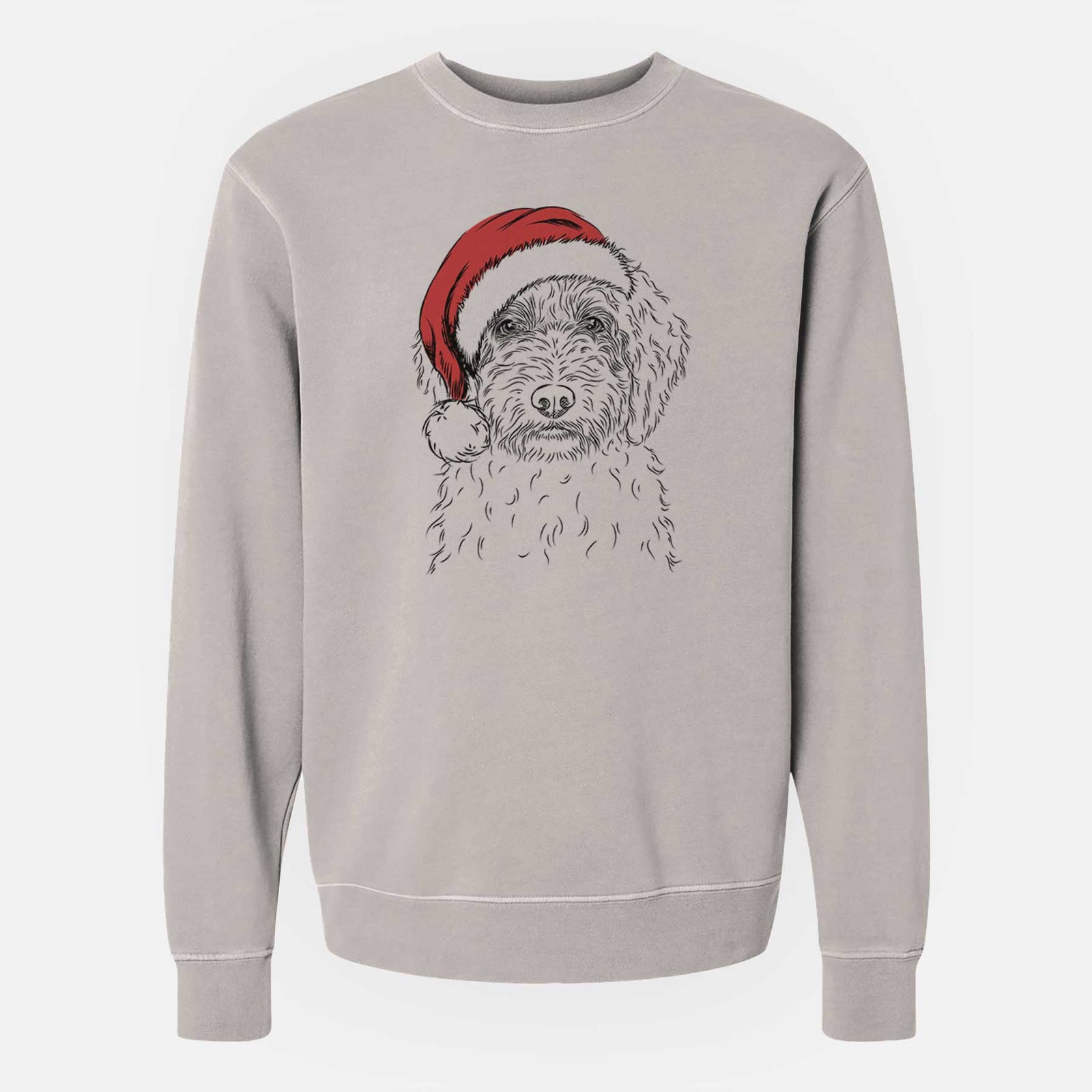 Hand-drawn sketch of Teddy the Labradoodle wearing a Santa hat on a Cement Unisex pigment dyed crew sweatshirt
