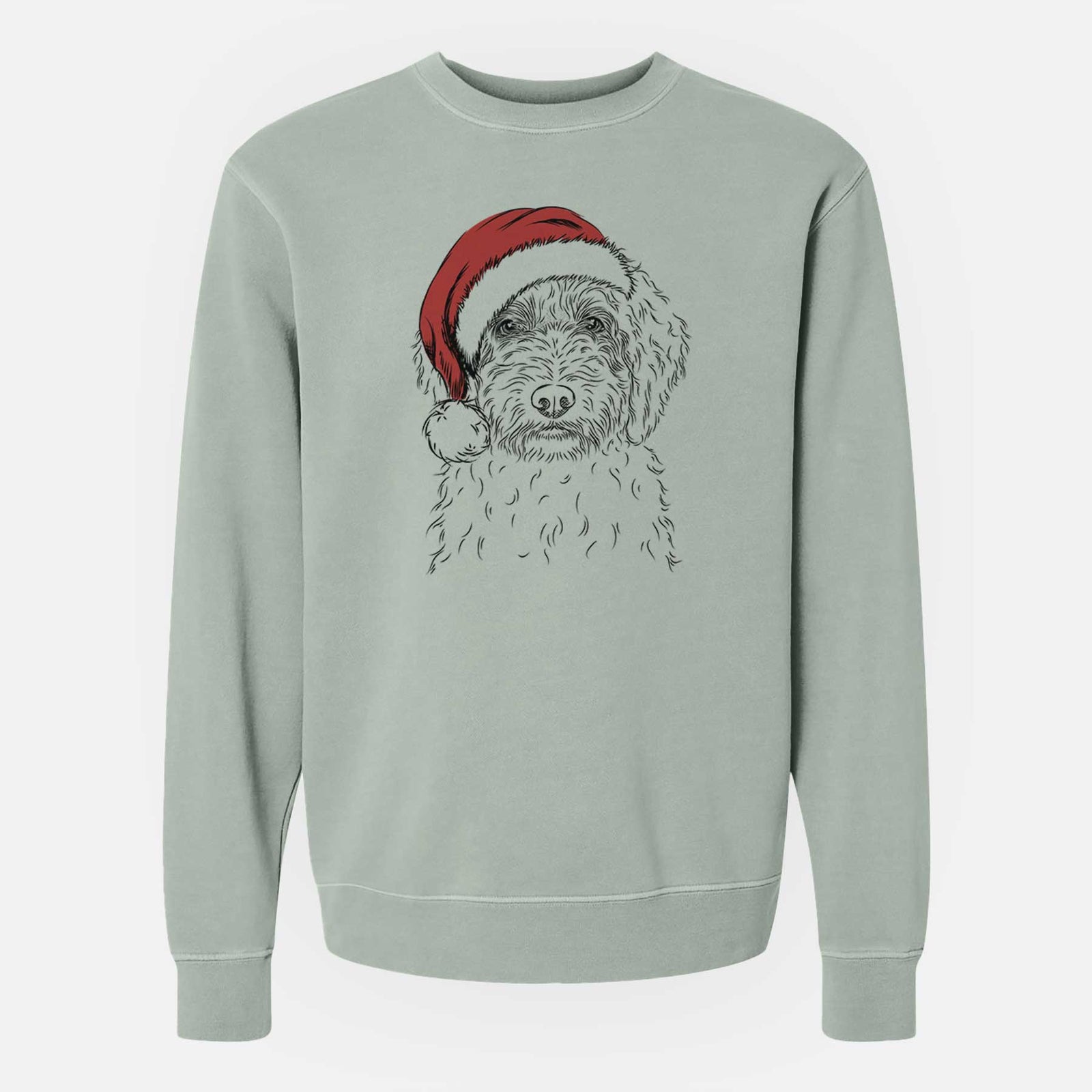 Hand-drawn sketch of Teddy the Labradoodle wearing a Santa hat on a Sage Unisex pigment dyed crew sweatshirt