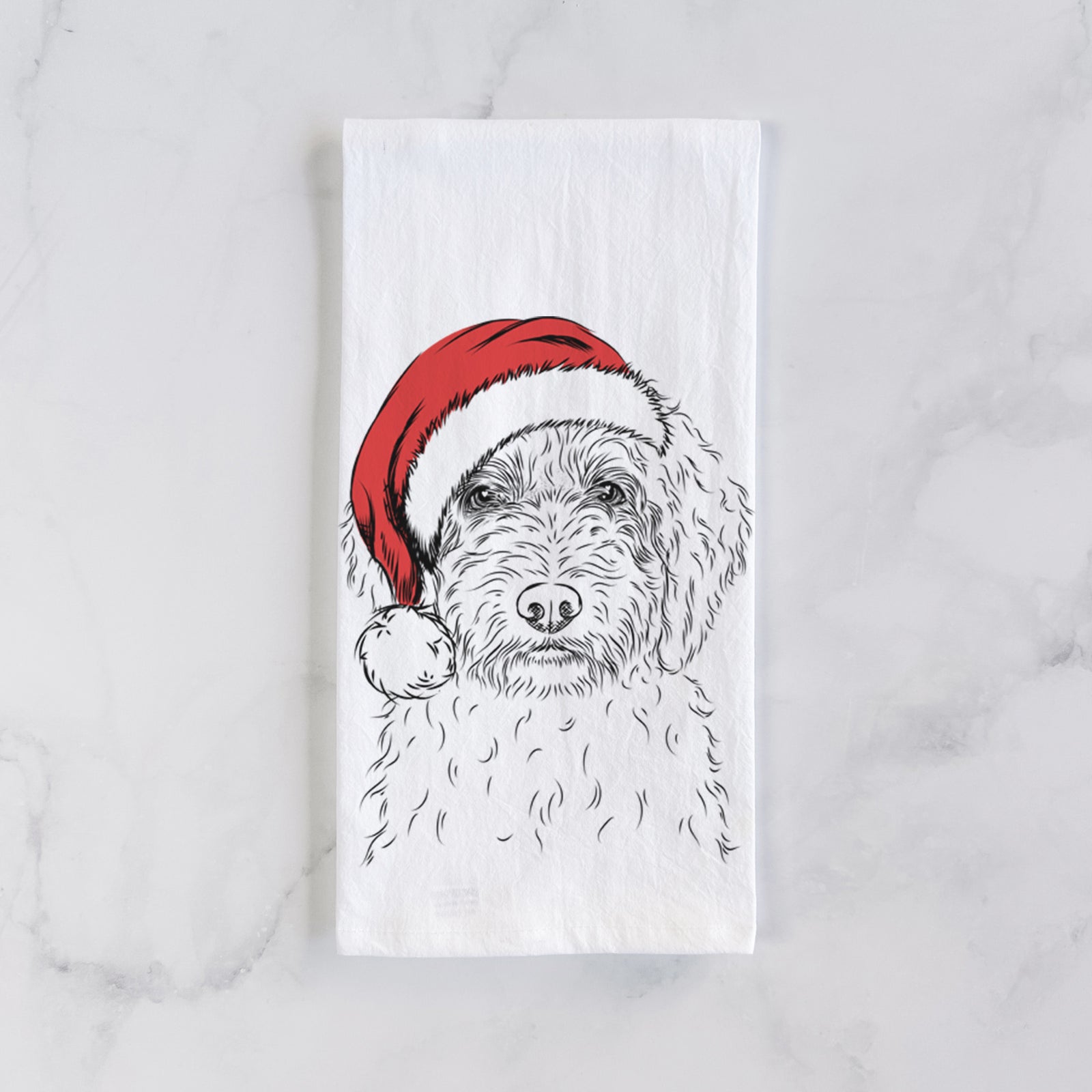 Hand-drawn sketch of Teddy the Labradoodle wearing a Santa hat on a tea towel
