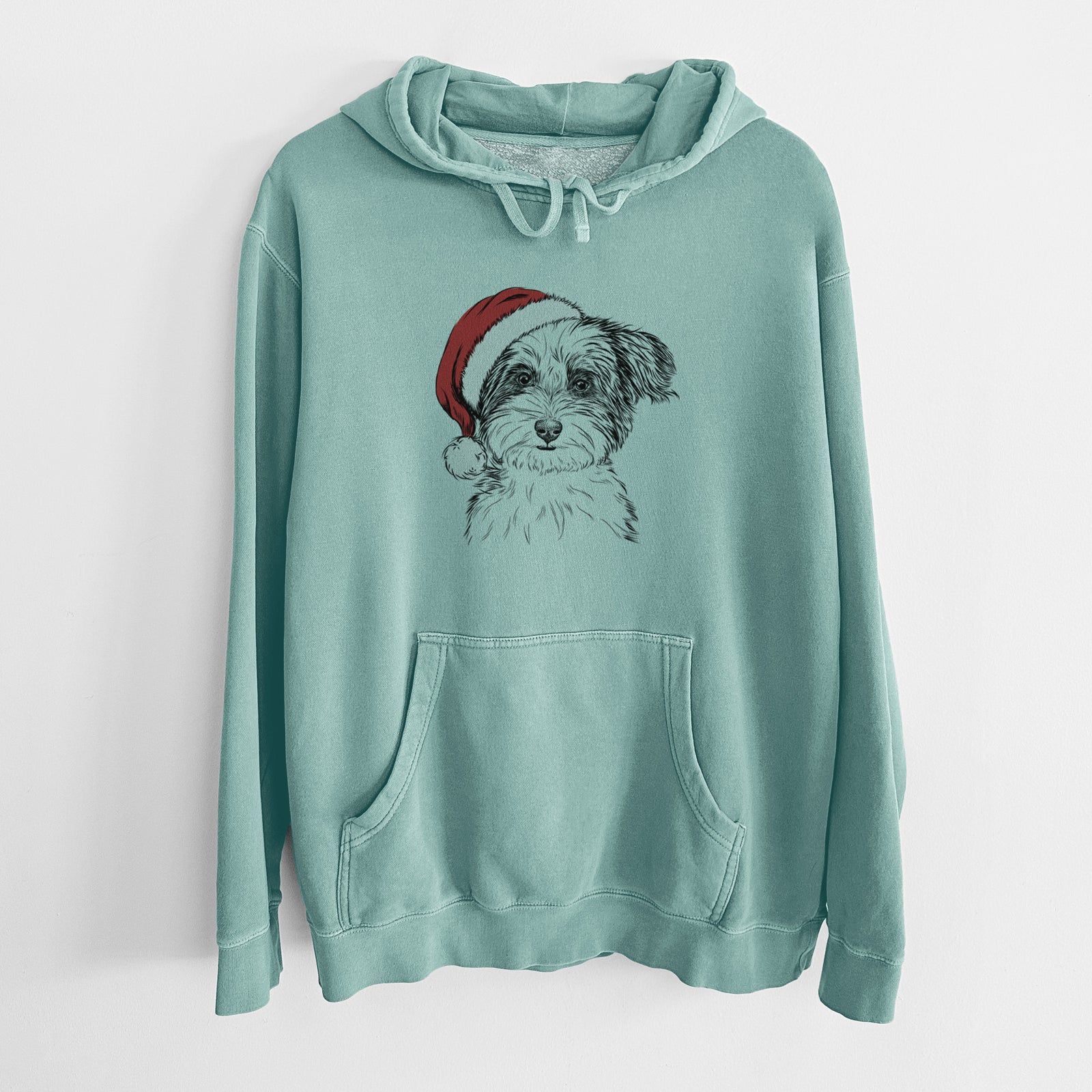 Hand-drawn sketch of Teddy the Havanese wearing a Santa hat on a Mint Unisex pigment dyed hoodie