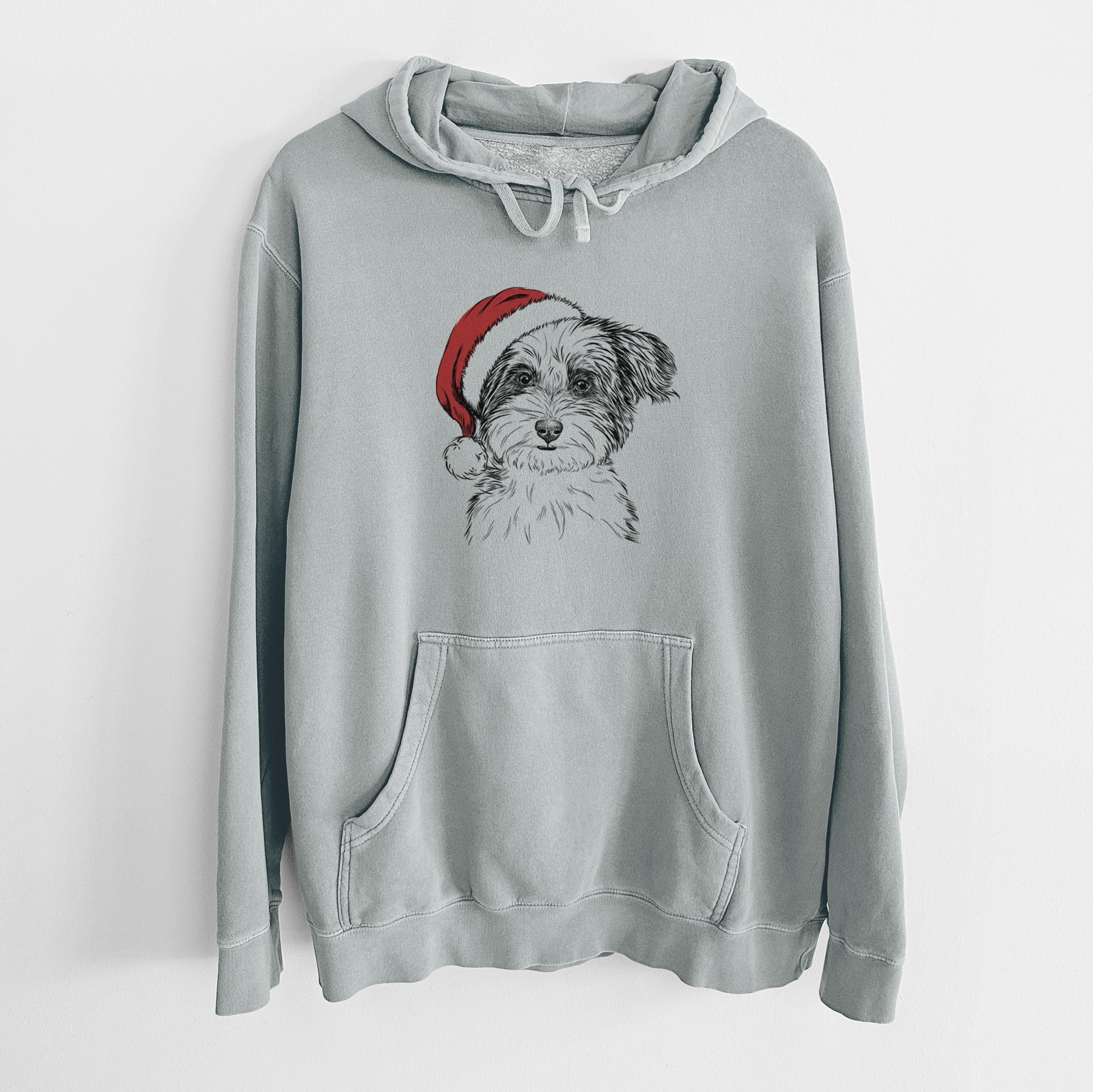 Hand-drawn sketch of Teddy the Havanese wearing a Santa hat on a Sage Unisex pigment dyed hoodie