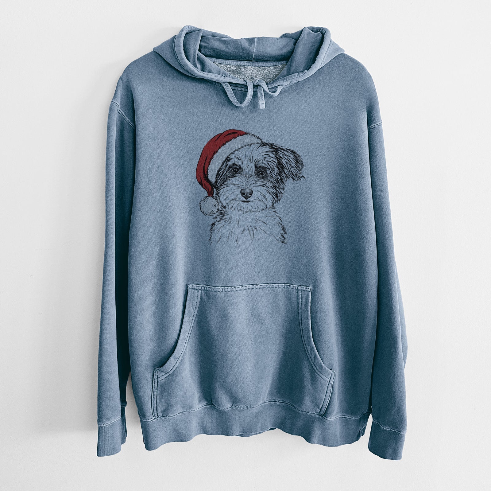 Hand-drawn sketch of Teddy the Havanese wearing a Santa hat on a Slate Blue Unisex pigment dyed hoodie