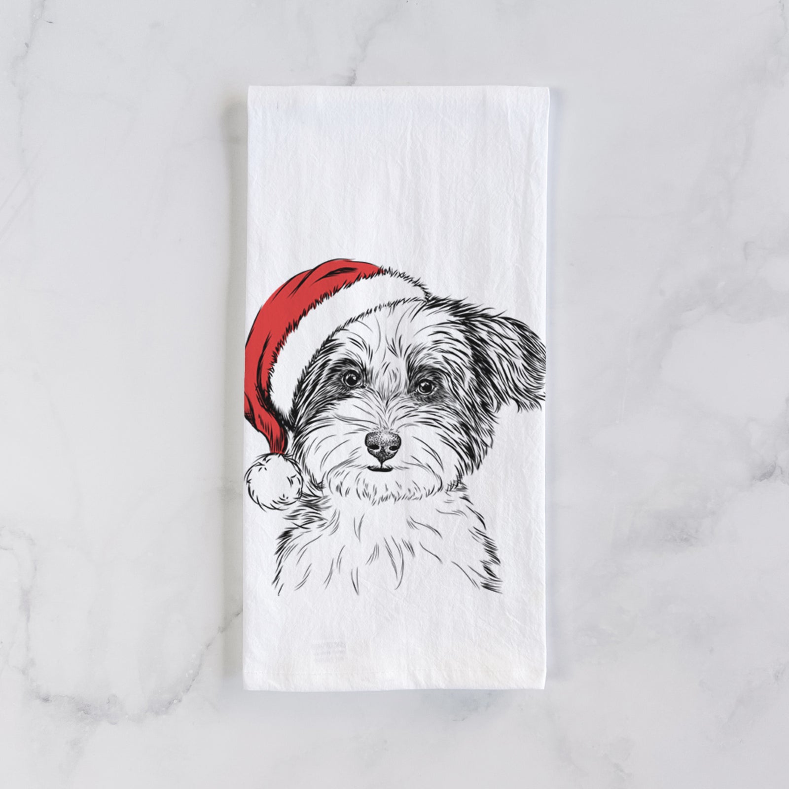 Hand-drawn sketch of Teddy the Havanese wearing a Santa hat on a tea towel