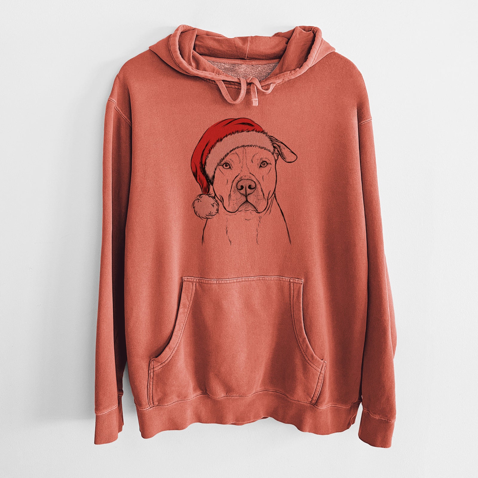 Hand-drawn sketch of Teddy Jam the Pitbull wearing a Santa hat on an Amber Unisex pigment dyed hoodie