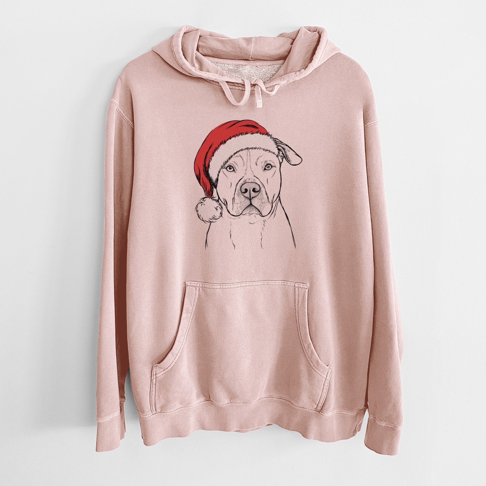 Hand-drawn sketch of Teddy Jam the Pitbull wearing a Santa hat on a Dusty Pink Unisex pigment dyed hoodie