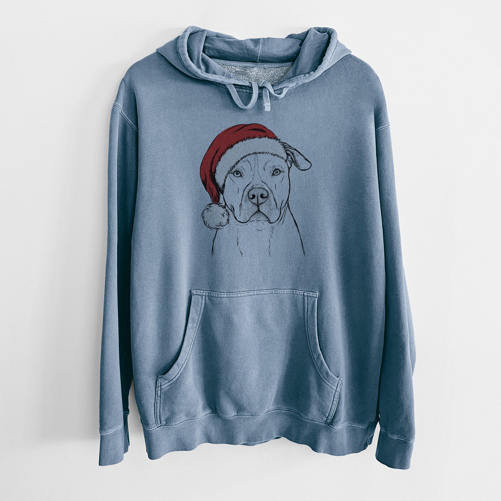 Hand-drawn sketch of Teddy Jam the Pitbull wearing a Santa hat on a Slate Blue Unisex pigment dyed hoodie