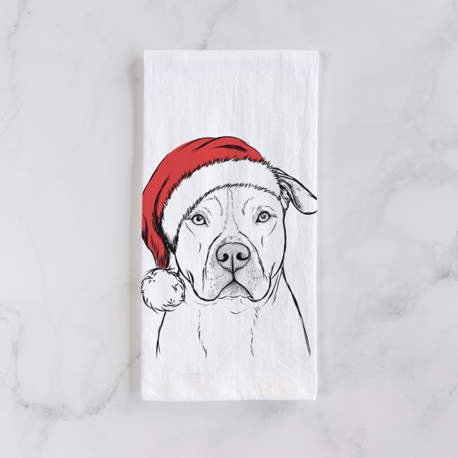 Hand-drawn sketch of Teddy Jam the Pitbull wearing a Santa hat on a tea towel