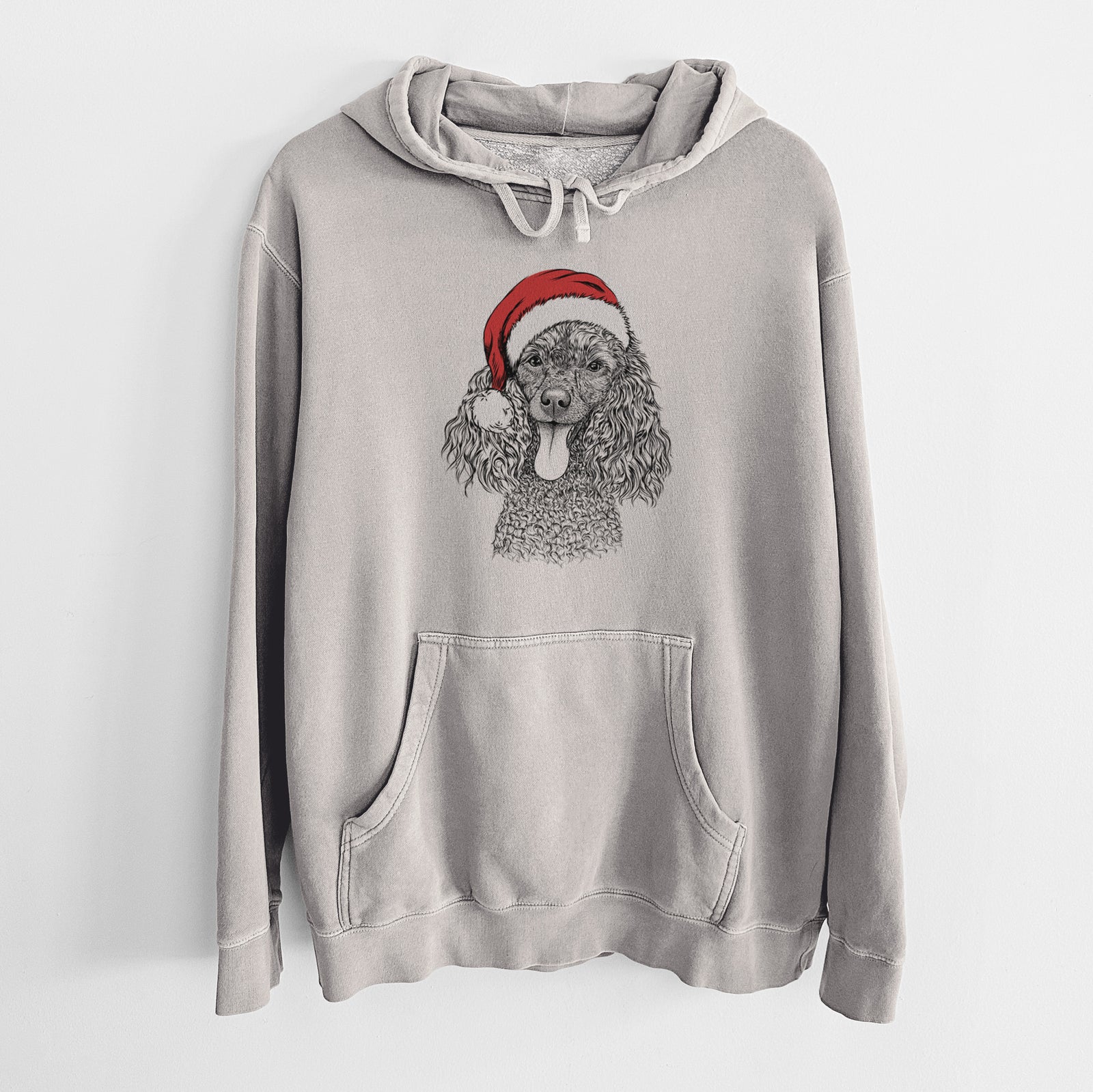 Hand-drawn sketch of Teddy the Mini Poodle wearing a Santa hat on a Cement Unisex pigment dyed hoodie