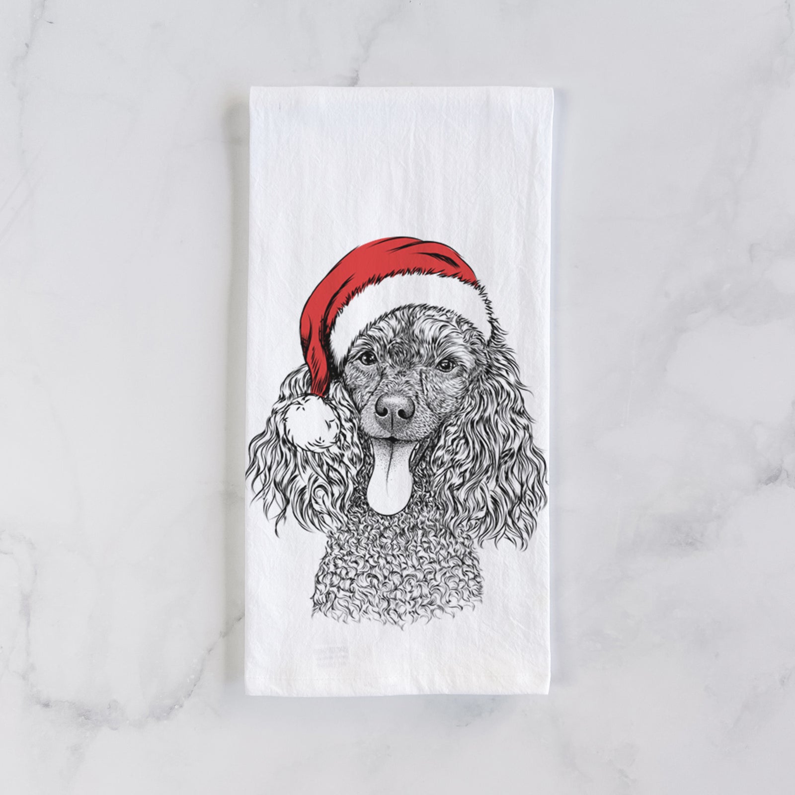 Hand-drawn sketch of Teddy the Mini Poodle wearing a Santa hat on a tea towel
