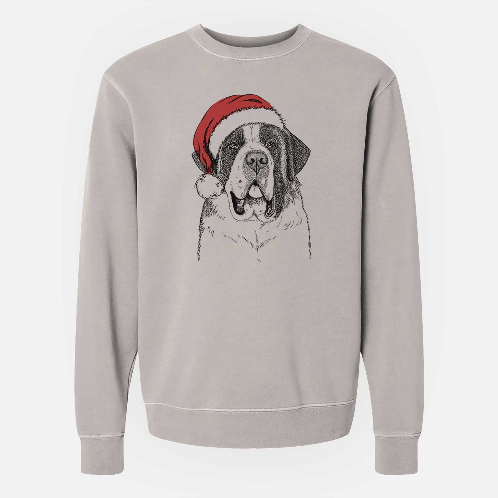 Hand-drawn sketch of Thor the Saint Bernard wearing a Santa hat on a Cement Unisex pigment dyed crew sweatshirt