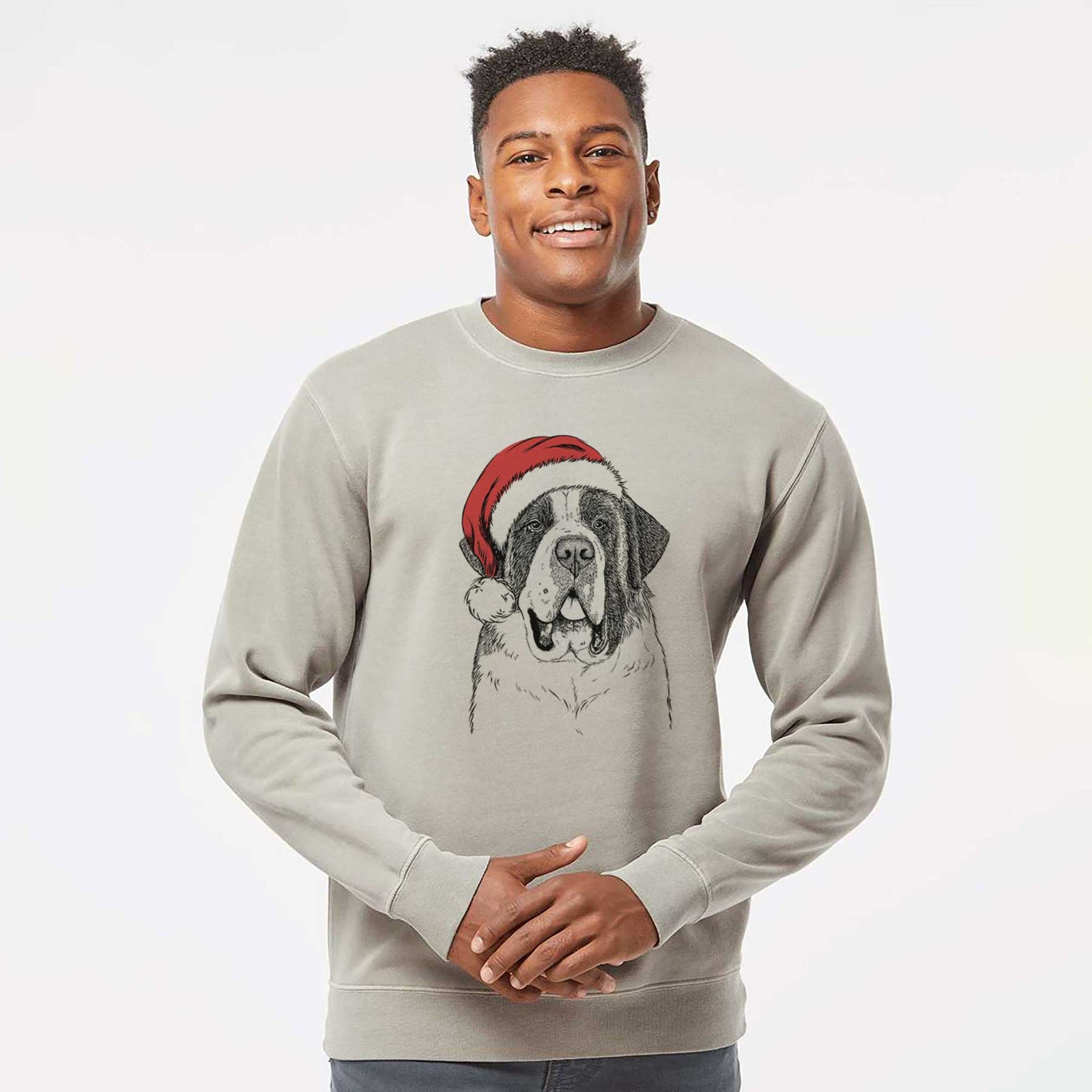 Hand-drawn sketch of Thor the Saint Bernard wearing a Santa hat on a Cement Unisex pigment dyed crew sweatshirt