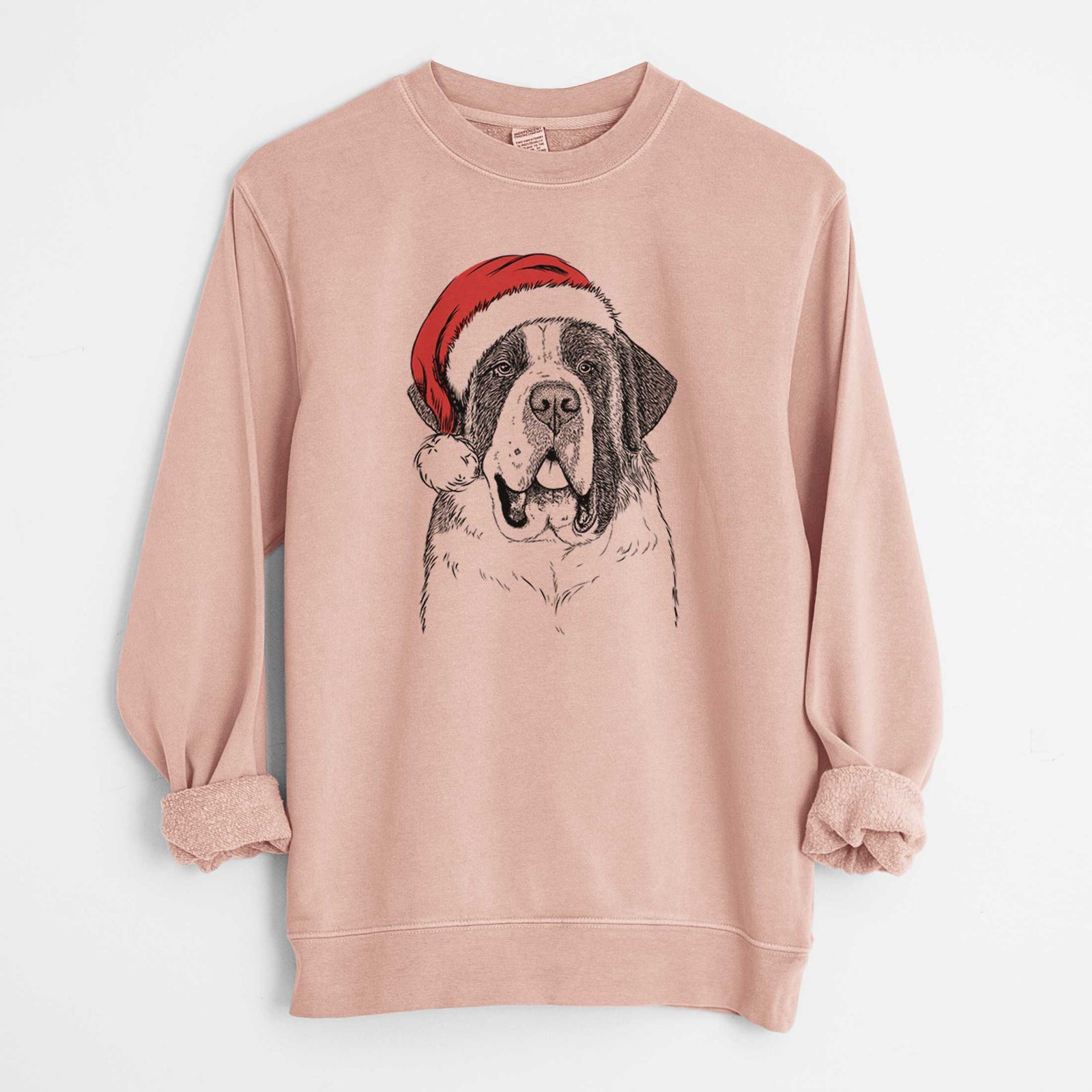 Hand-drawn sketch of Thor the Saint Bernard wearing a Santa hat on a Dusty Pink Unisex pigment dyed crew sweatshirt