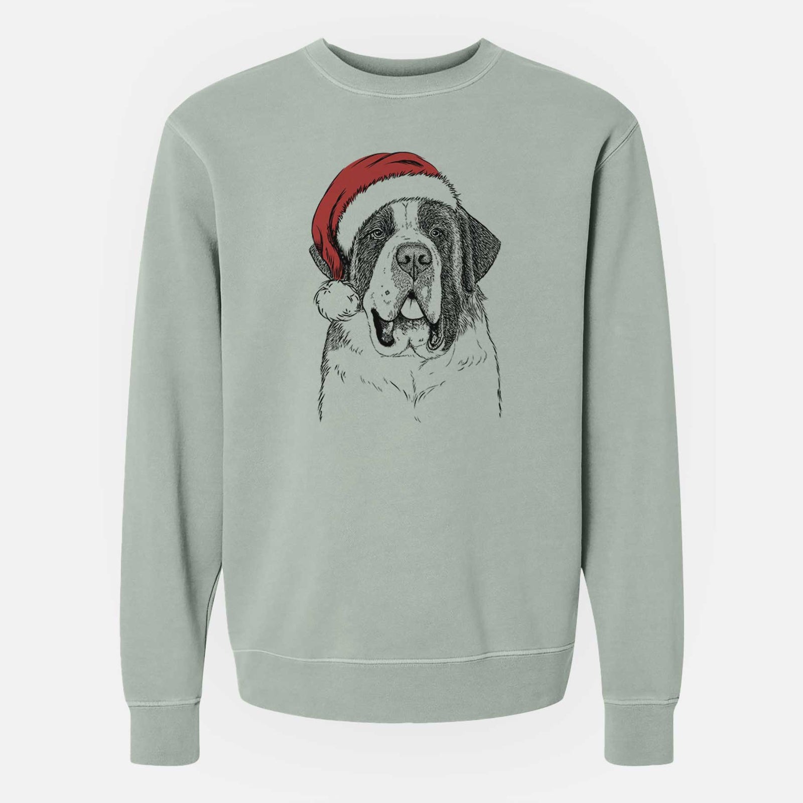 Hand-drawn sketch of Thor the Saint Bernard wearing a Santa hat on a Sage Unisex pigment dyed crew sweatshirt