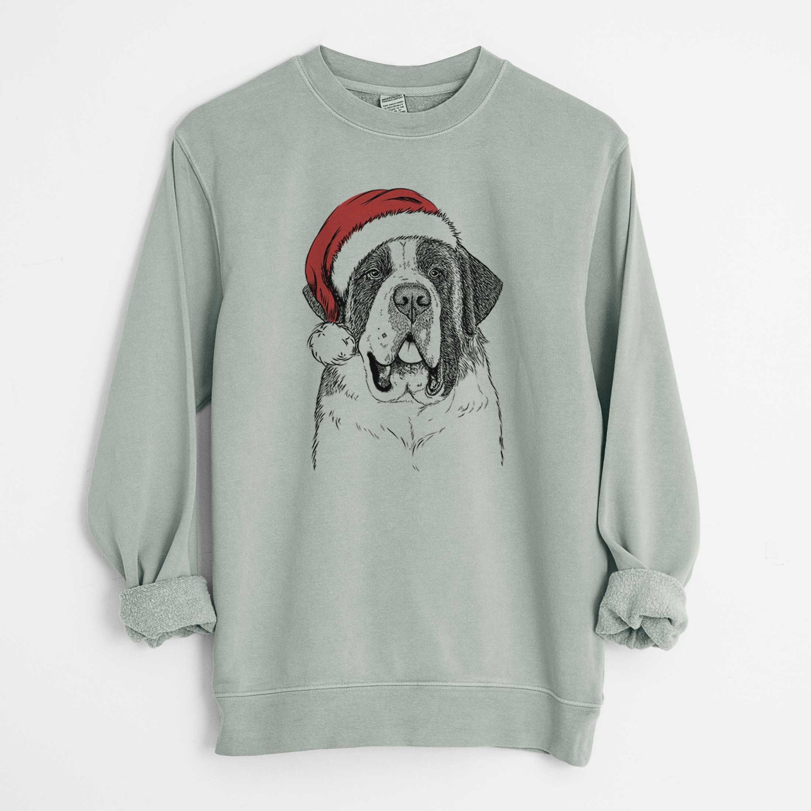 Hand-drawn sketch of Thor the Saint Bernard wearing a Santa hat on a Sage Unisex pigment dyed crew sweatshirt