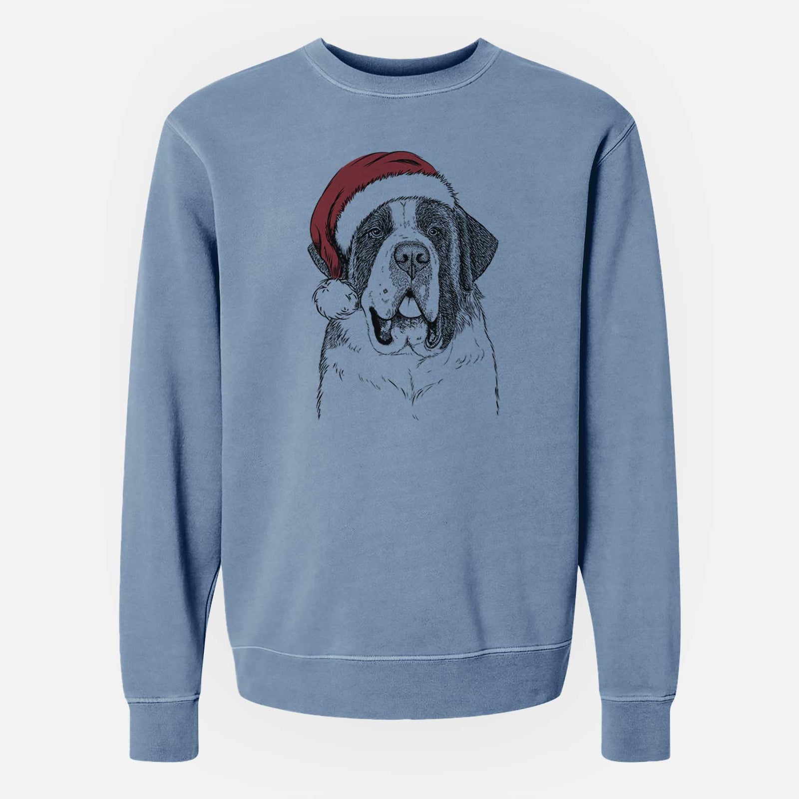 Hand-drawn sketch of Thor the Saint Bernard wearing a Santa hat on a Slate Blue Unisex pigment dyed crew sweatshirt
