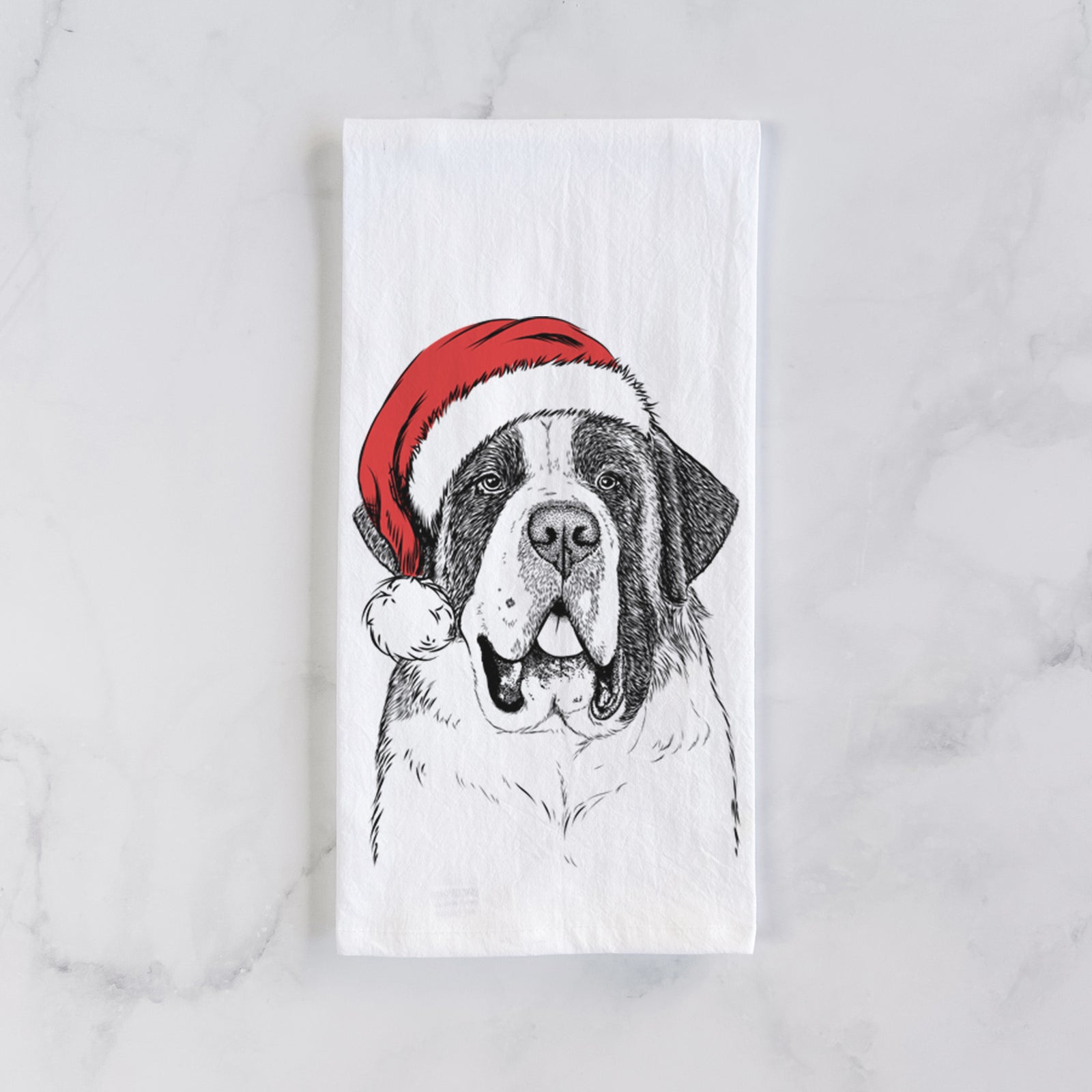 Hand-drawn sketch of Thor the Saint Bernard wearing a Santa hat on a tea towel