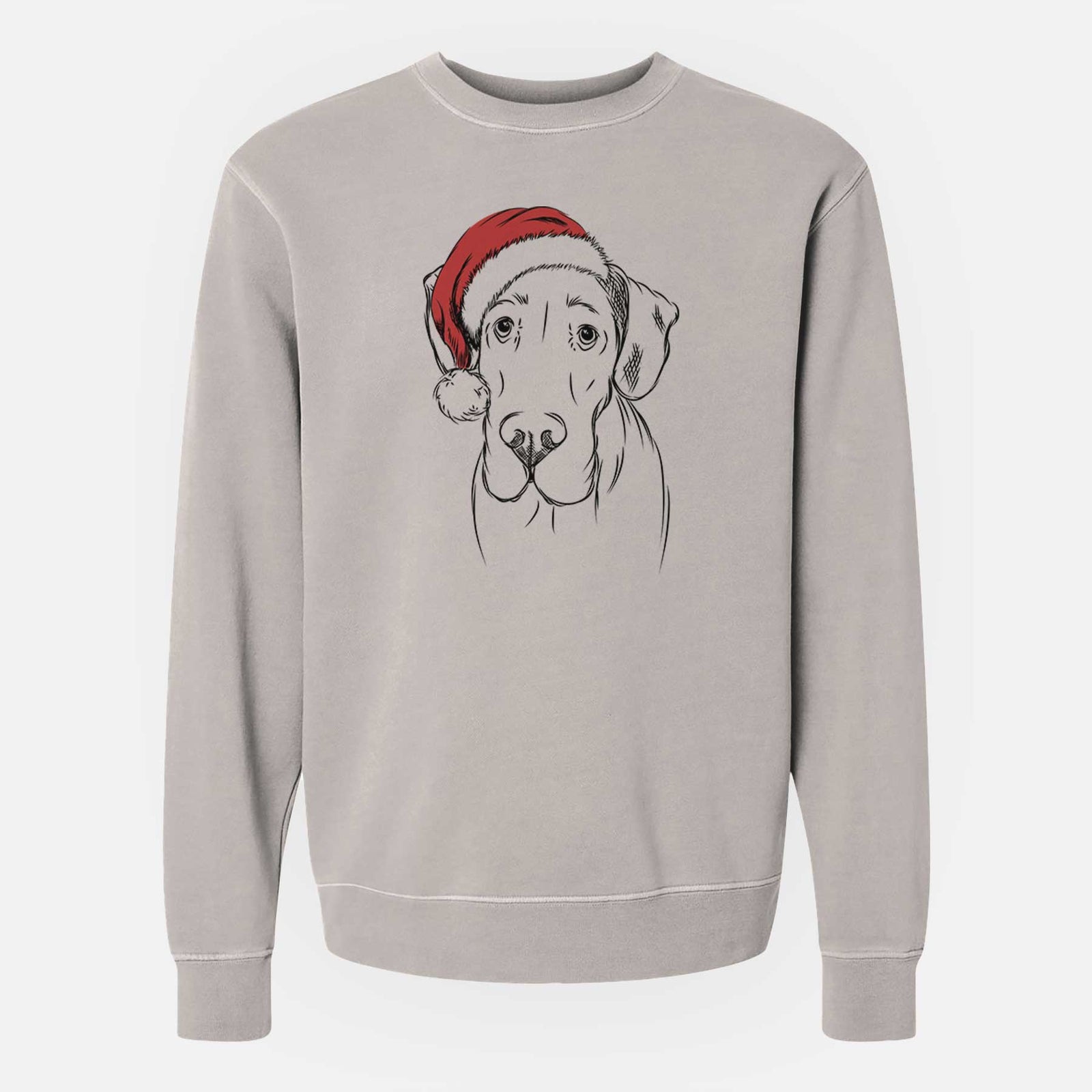 Hand-drawn sketch of Titus the Great Dane wearing a Santa hat on a Cement Unisex pigment dyed crew sweatshirt