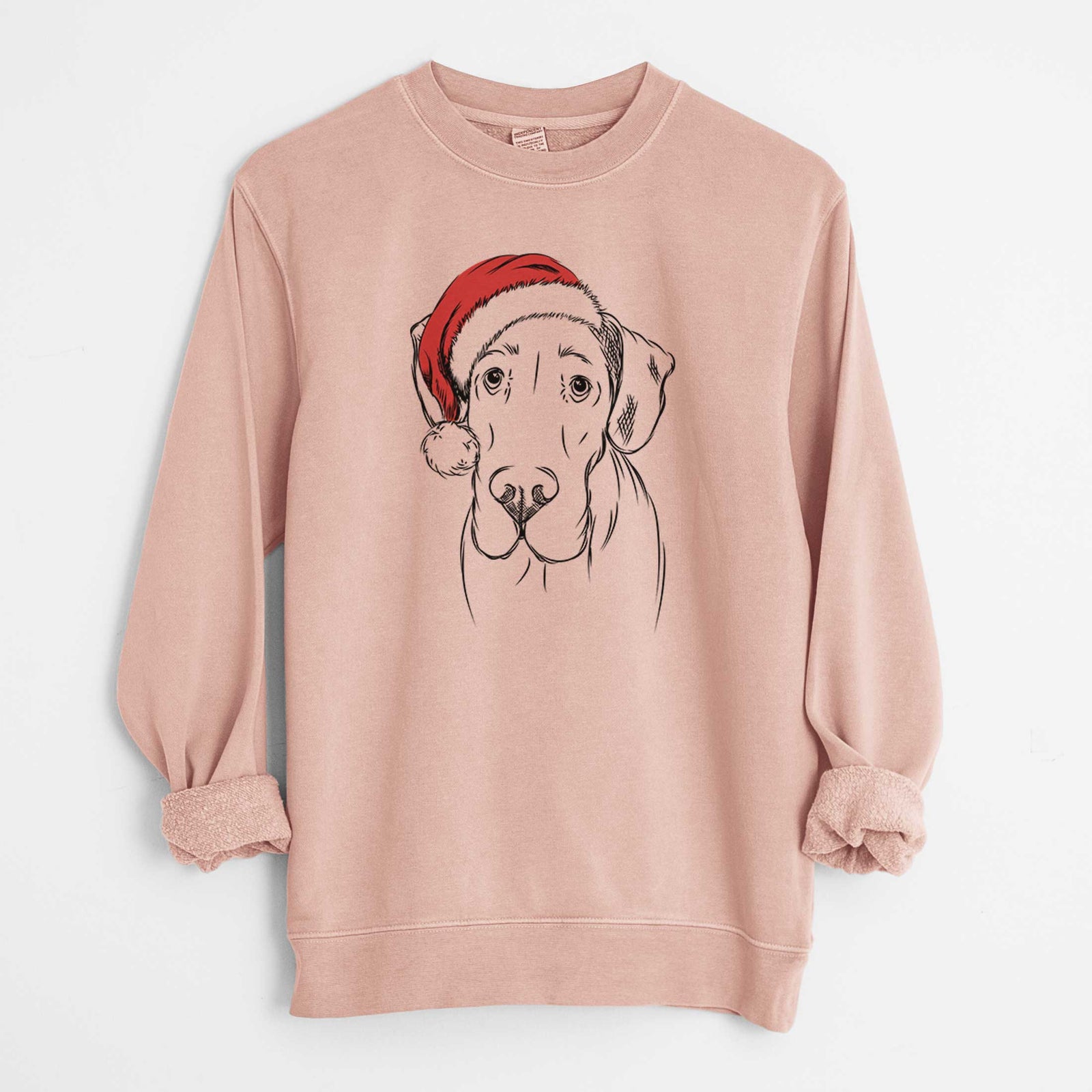 Hand-drawn sketch of Titus the Great Dane wearing a Santa hat on a Dusty Pink Unisex pigment dyed crew sweatshirt