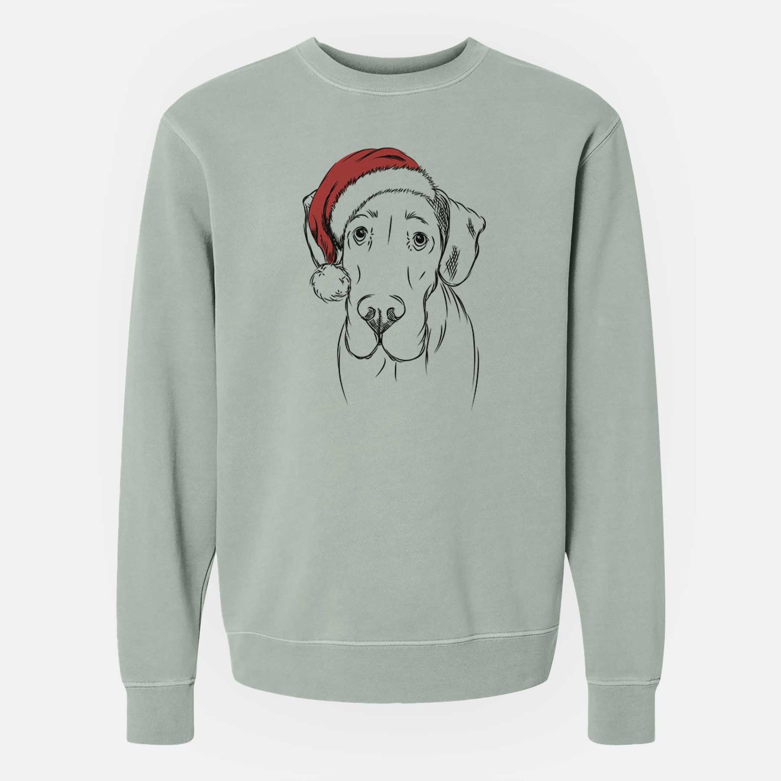 Hand-drawn sketch of Titus the Great Dane wearing a Santa hat on a Sage Unisex pigment dyed crew sweatshirt
