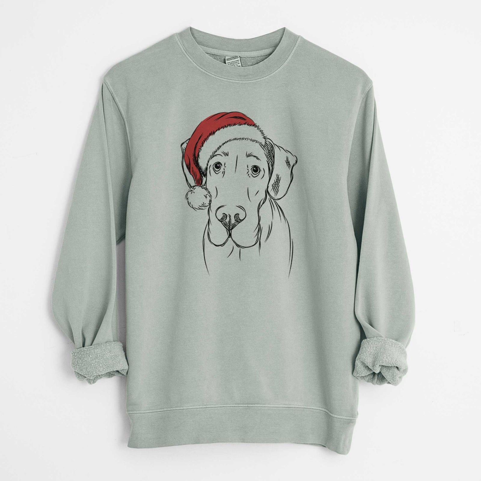 Hand-drawn sketch of Titus the Great Dane wearing a Santa hat on a Sage Unisex pigment dyed crew sweatshirt